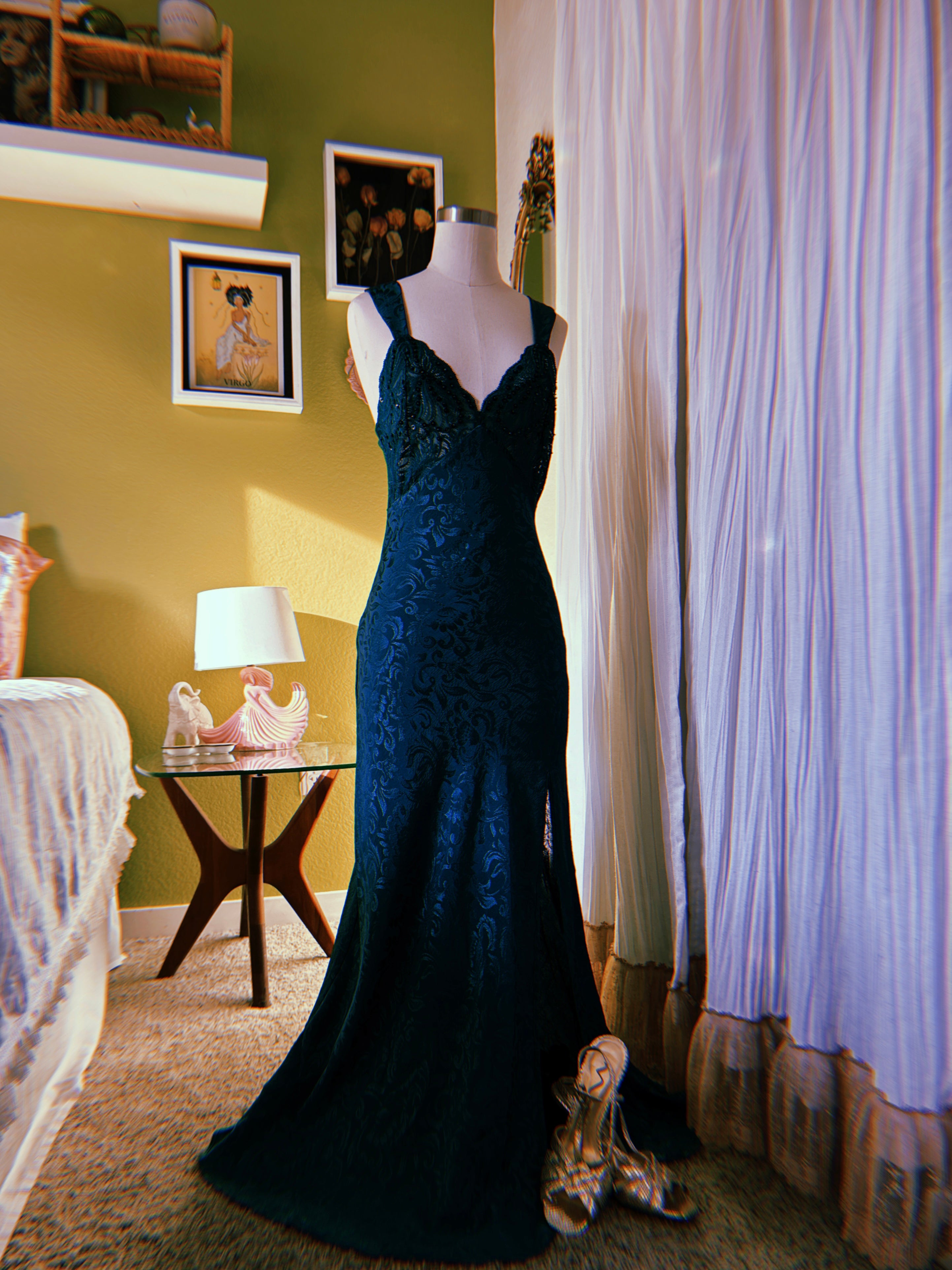 80s Emerald Green Victoria’s Secret Jacquard Beaded Lace Mermaid Slip Dress