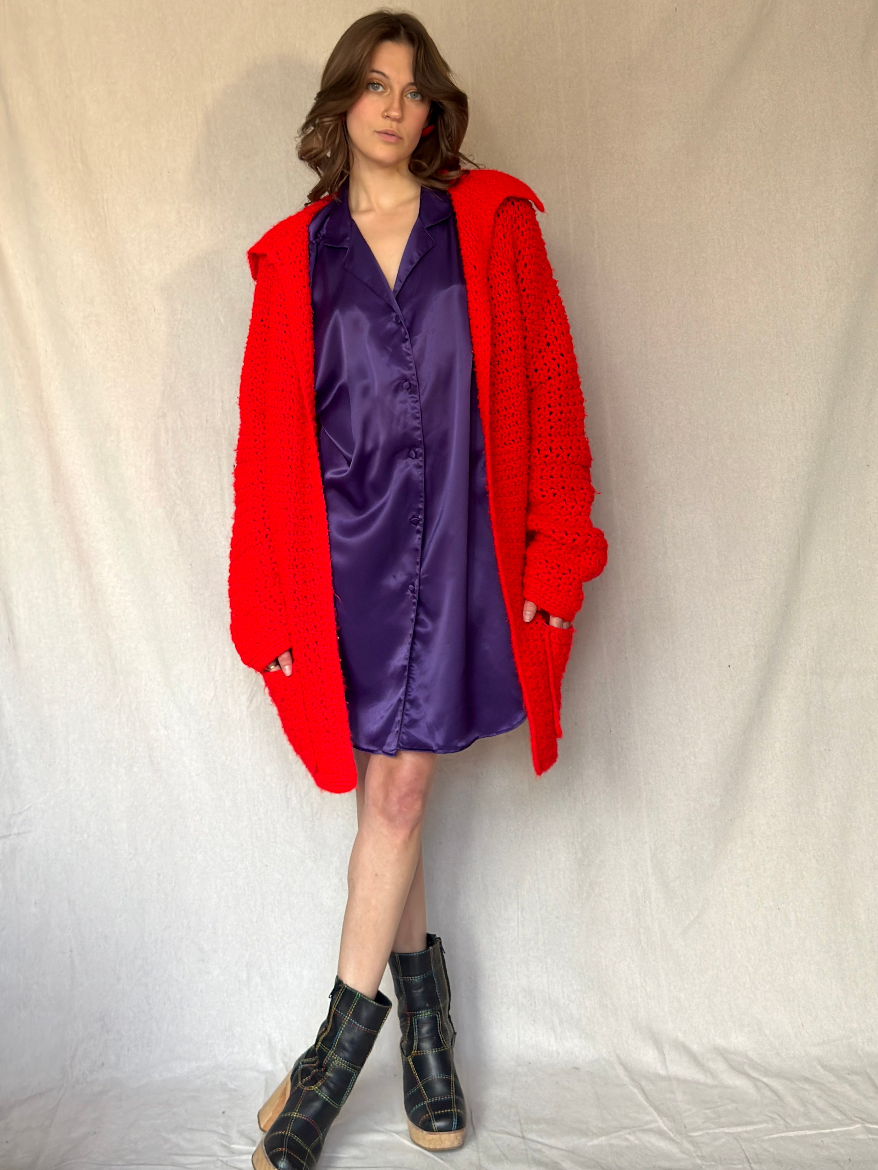 Bright Red Chunky Cardigan Sweater