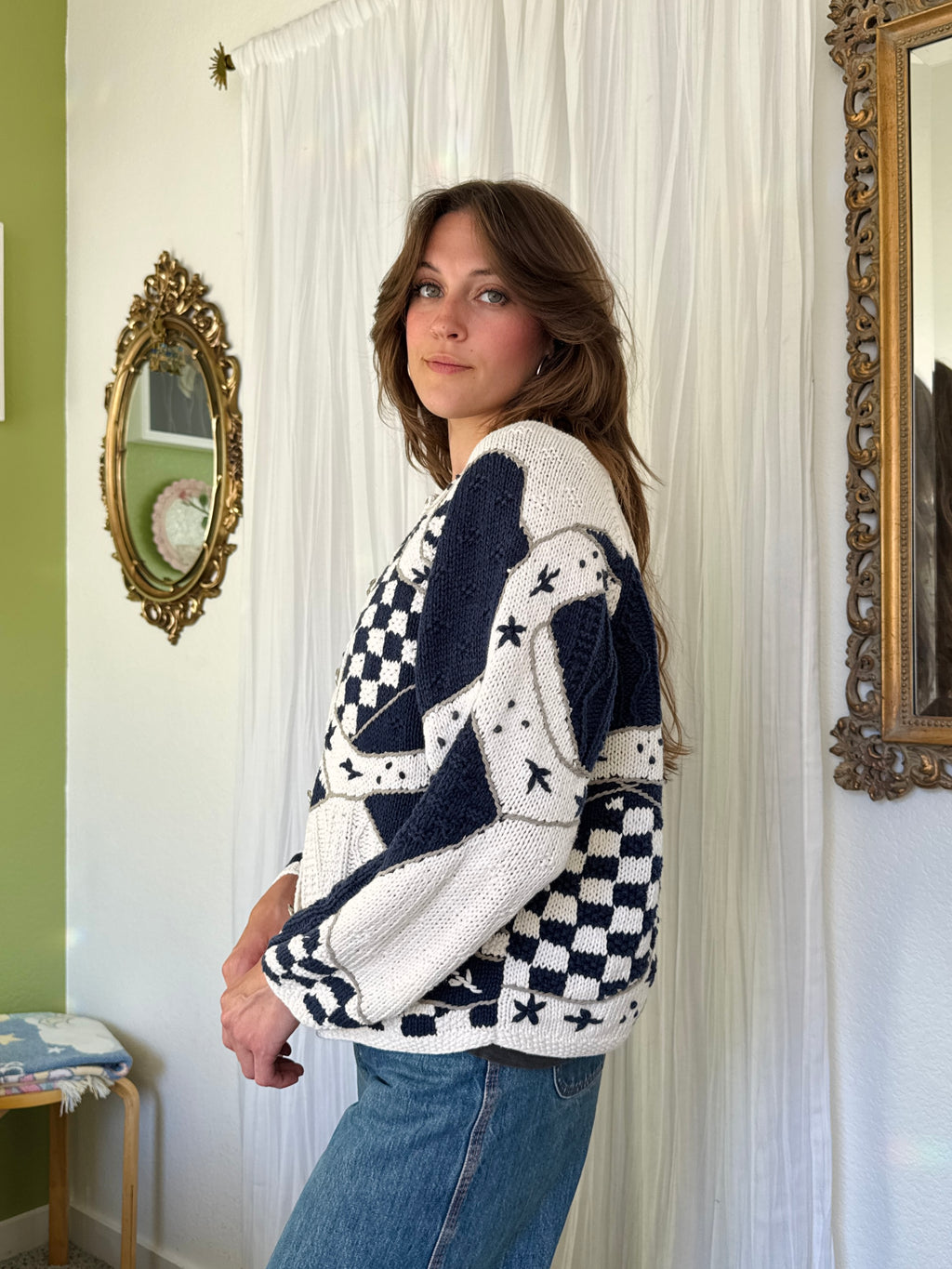 90s Cottagecore Blue & White Granny Cardigan Sweater