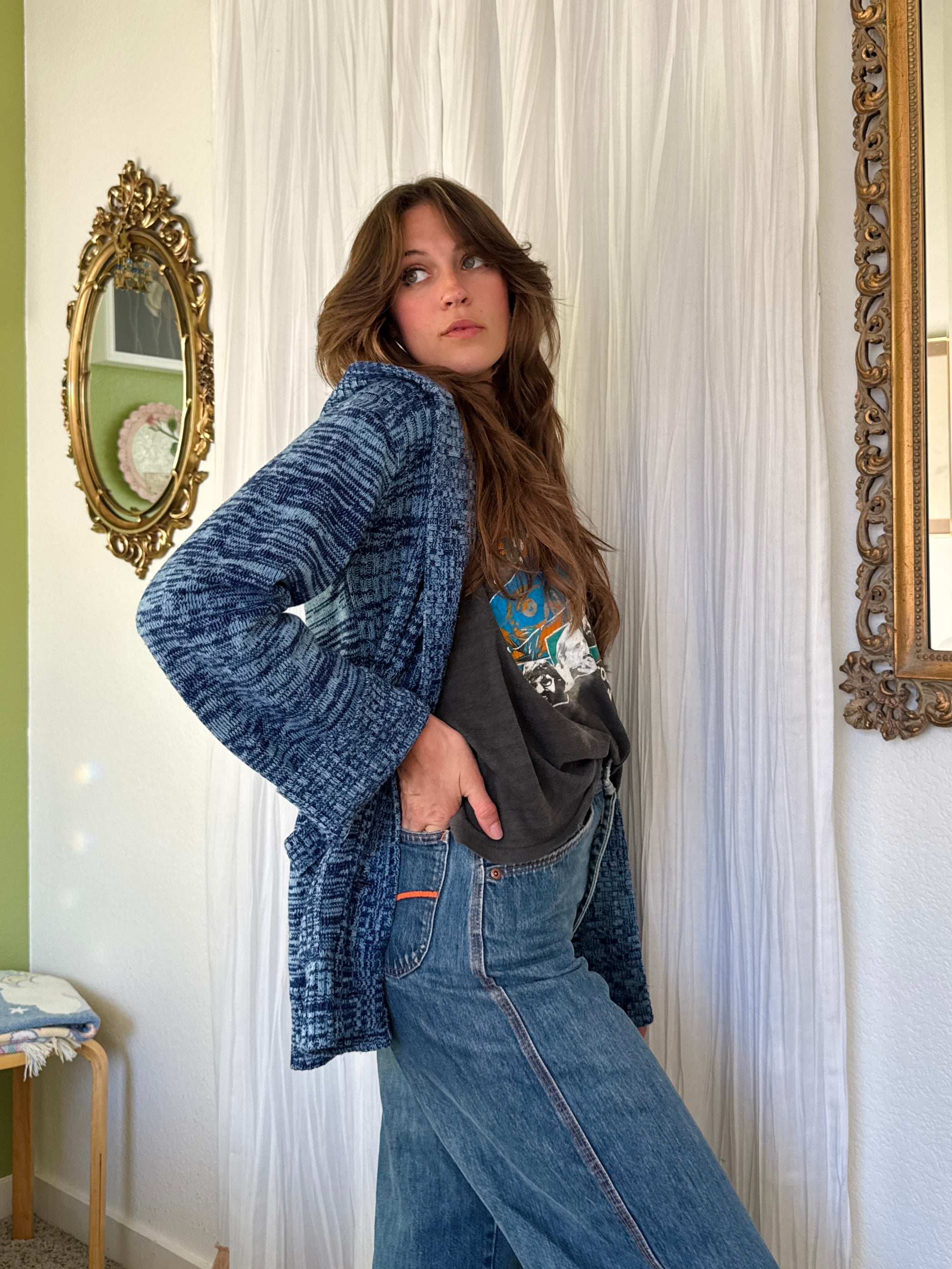 70s Blue Space Dye Hooded Toggle Sweater