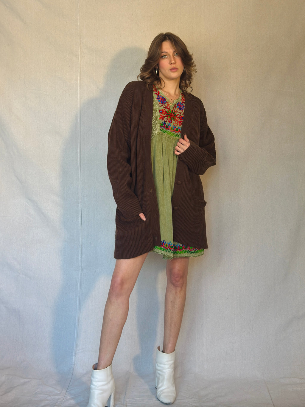 90s Brown Ribbed Cardigan Sweater