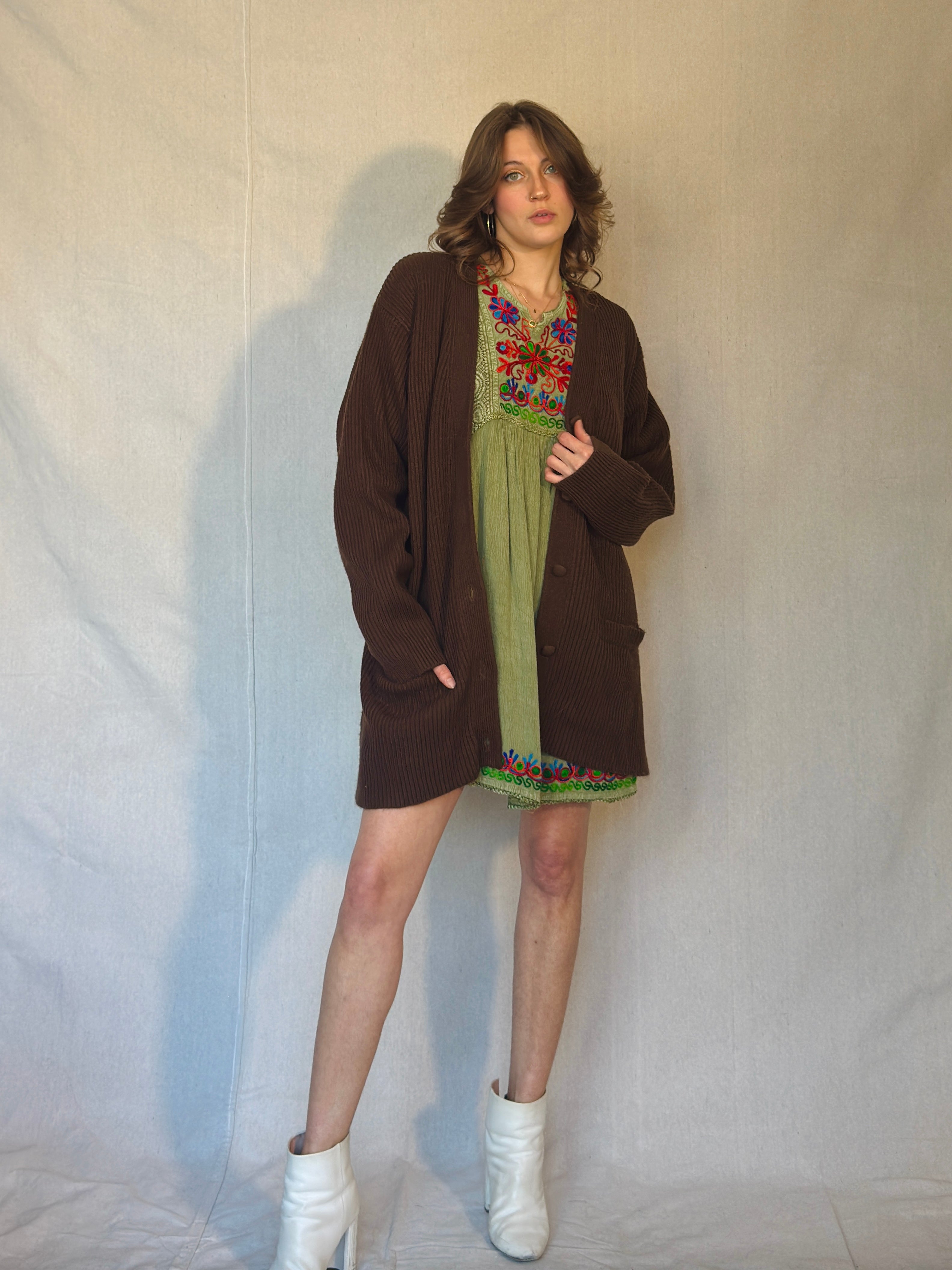 90s Brown Ribbed Cardigan Sweater