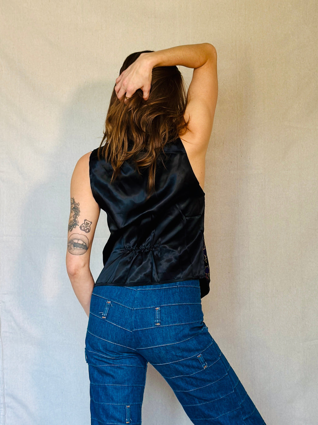 80s Black Velvet Floral Tux Vest