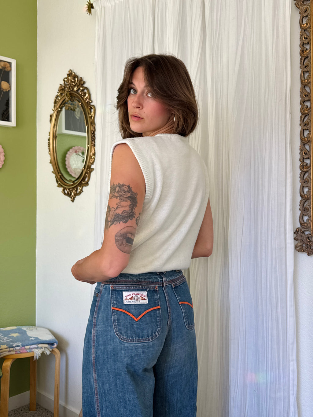 80s Cream Floral Knit Sweater Vest