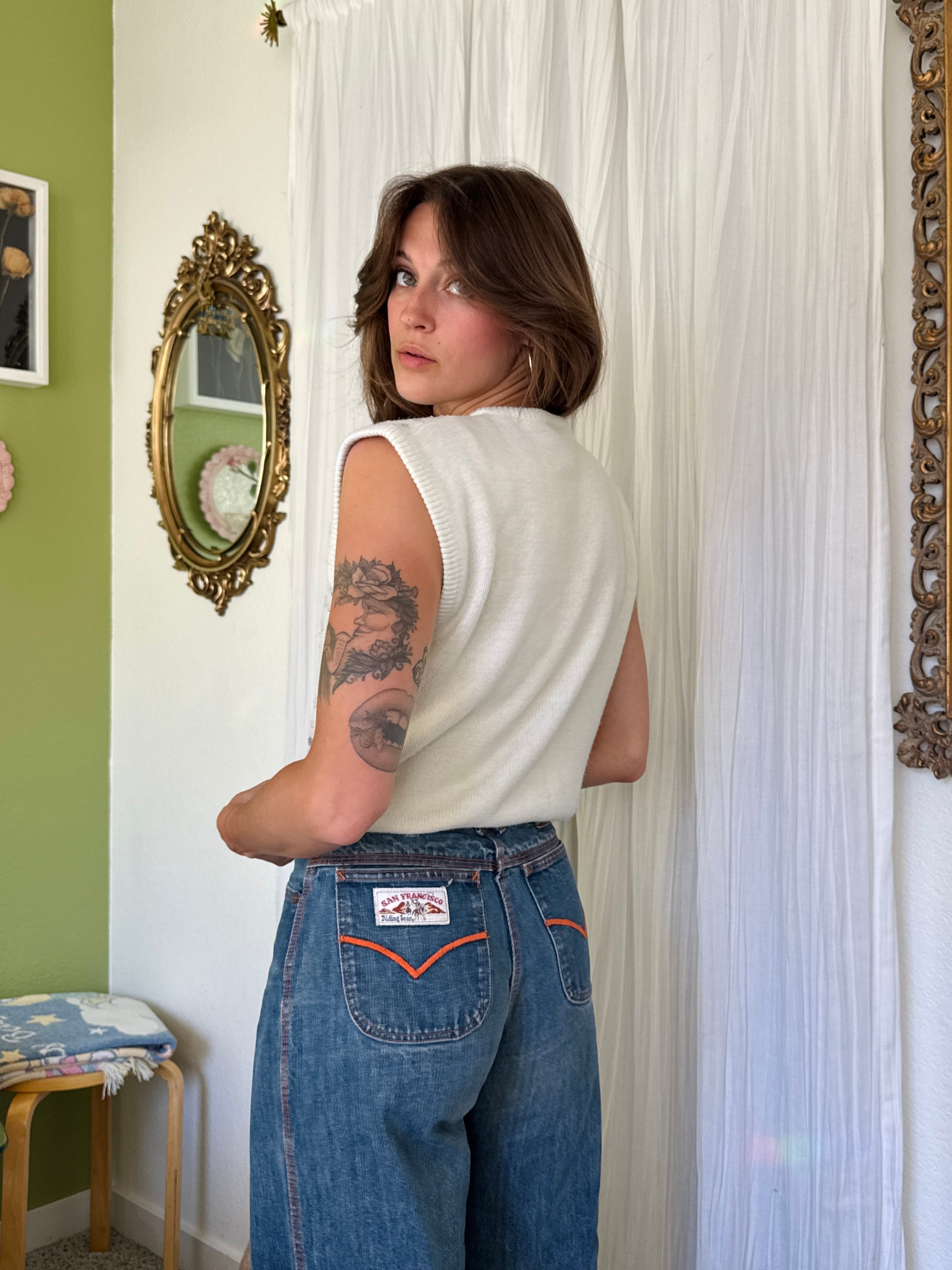 80s Cream Floral Knit Sweater Vest