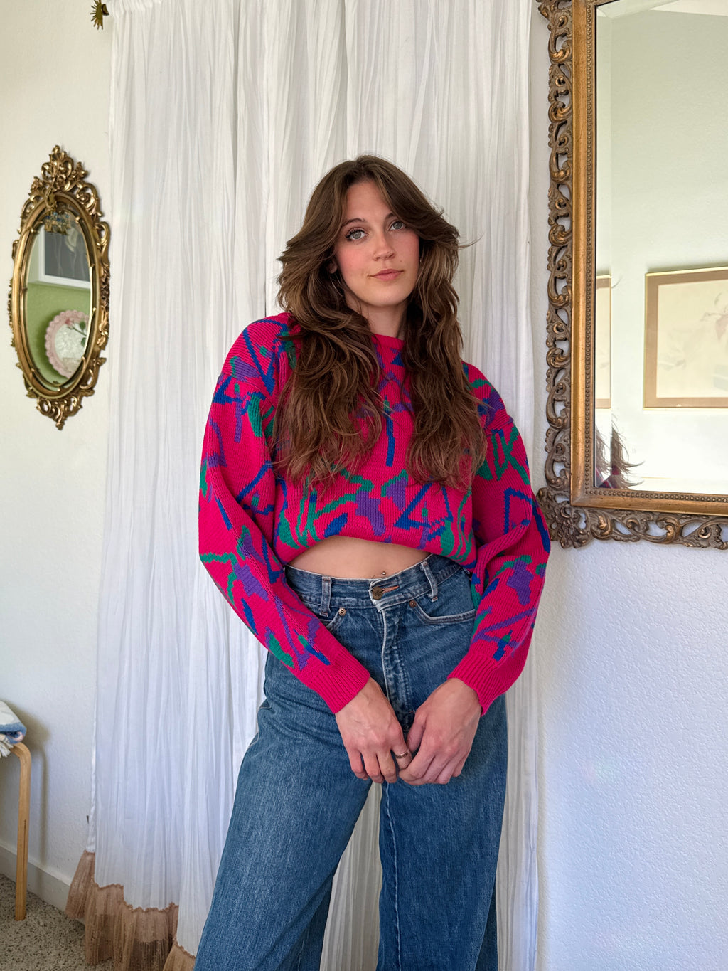 70s Hot Pink Abstract Tree Print Sweater
