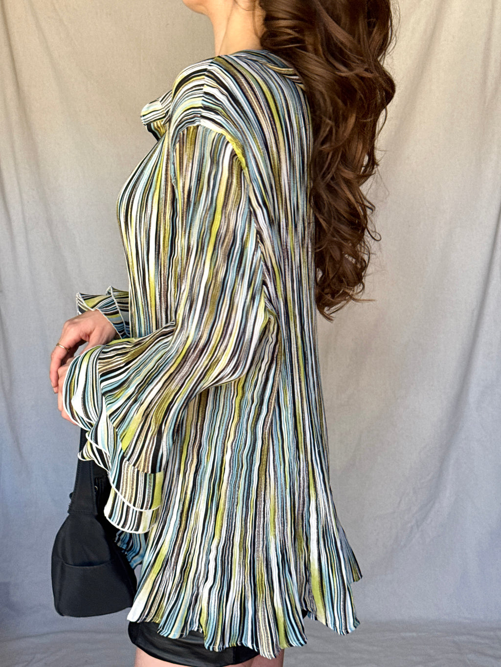 Y2K Striped Whimsy Crinkle Pleat Blouse