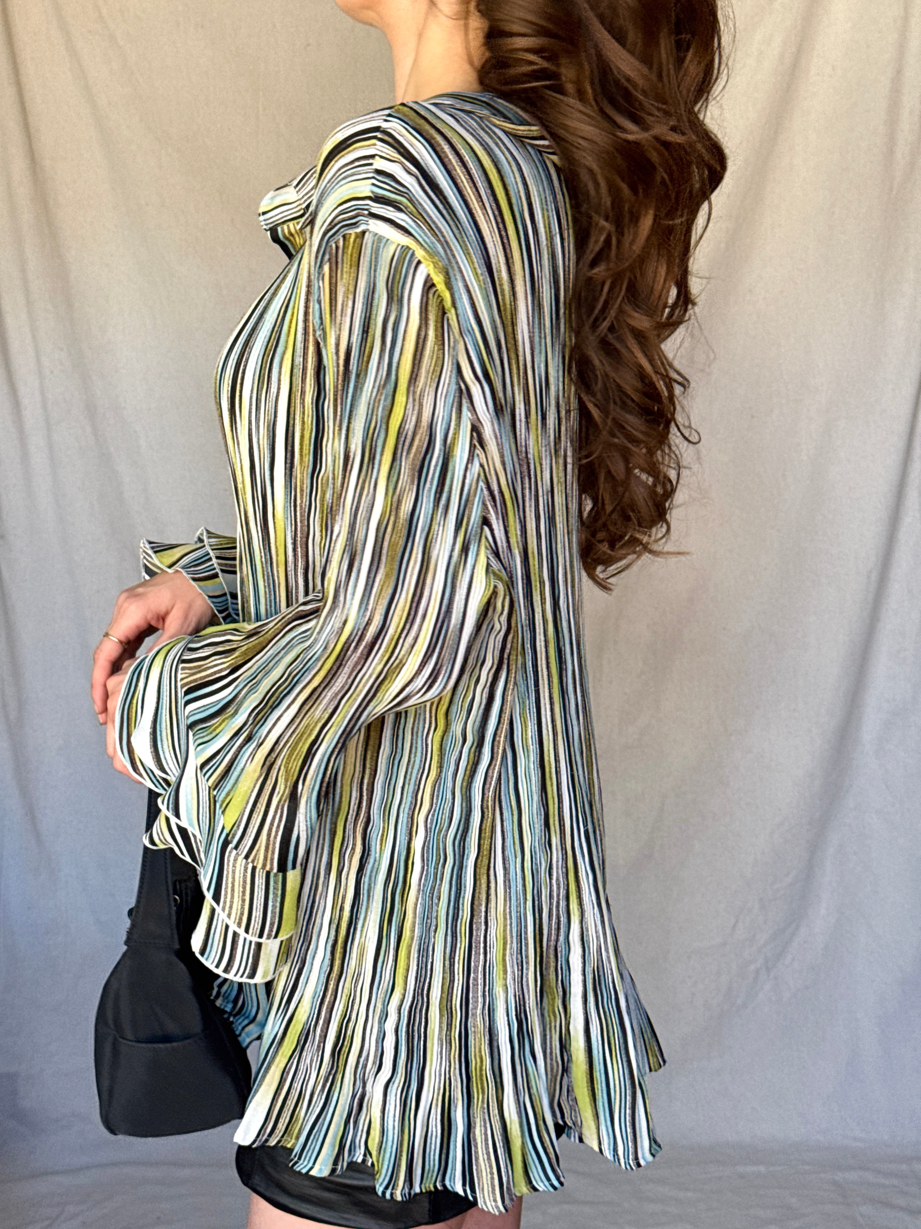 Y2K Striped Whimsy Crinkle Pleat Blouse