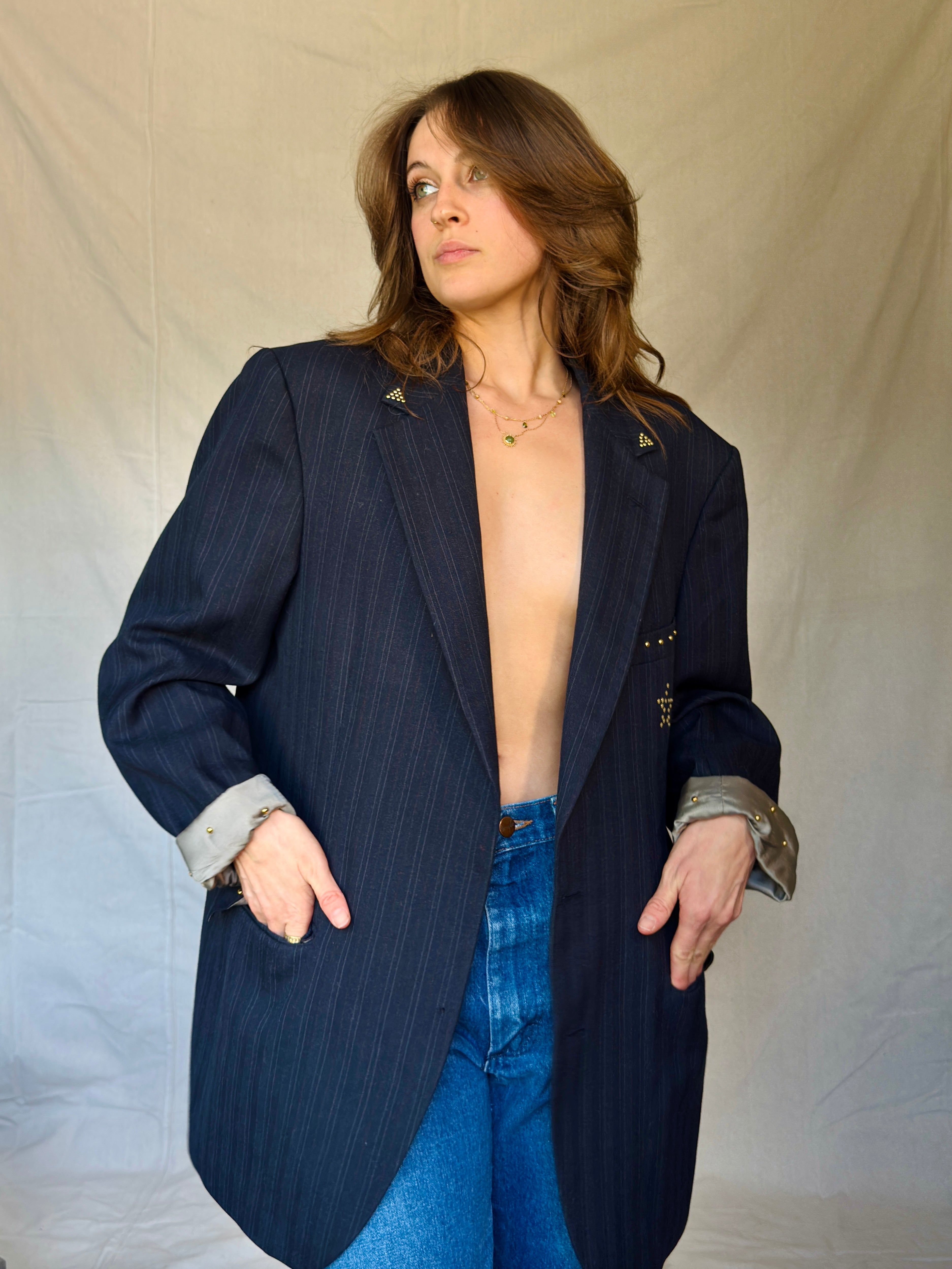 70s Star Studded Johnny Carson Navy Pinstripe Suit Jacket