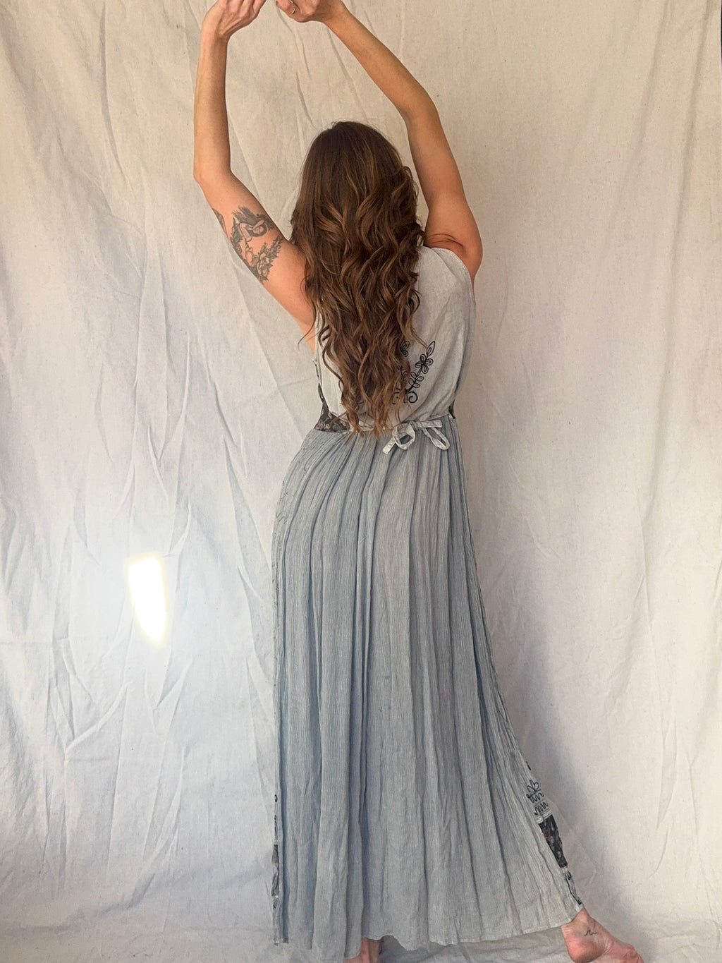 90s Grey Patchwork Whimsigoth Embroidered Fairy Maxi Dress