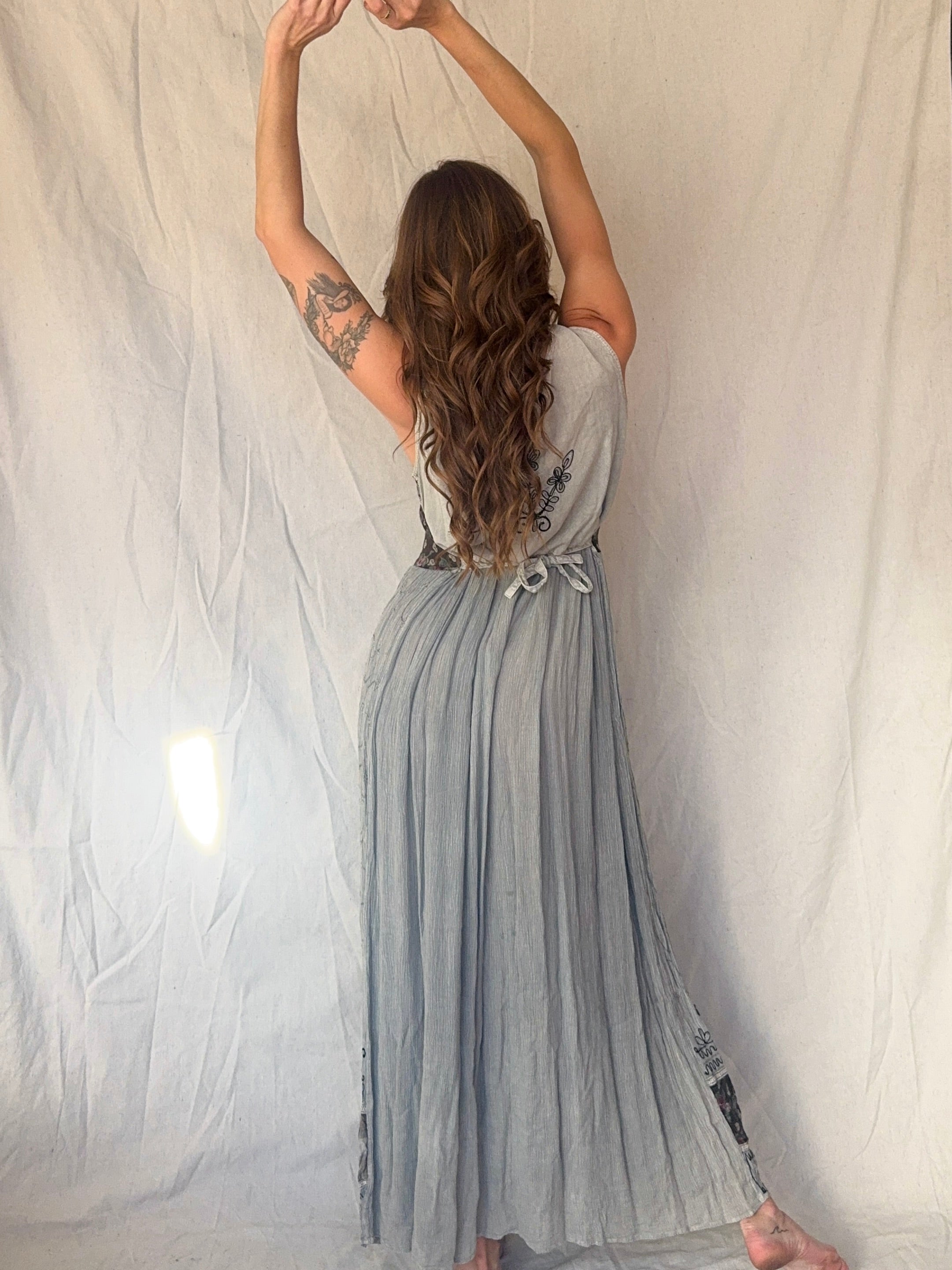 90s Grey Patchwork Whimsigoth Embroidered Fairy Maxi Dress