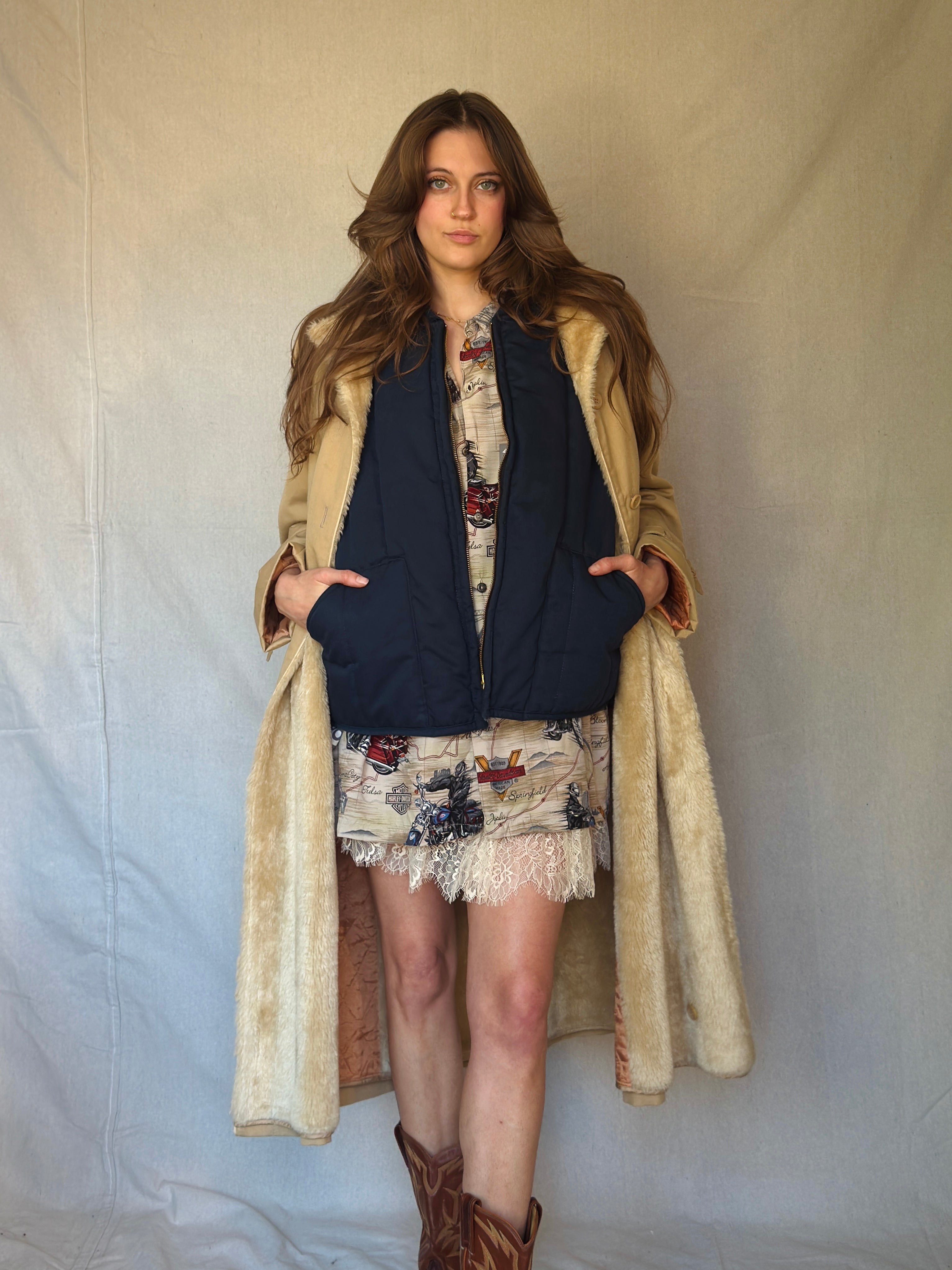 70s Tan Faux Shearling Trench Coat