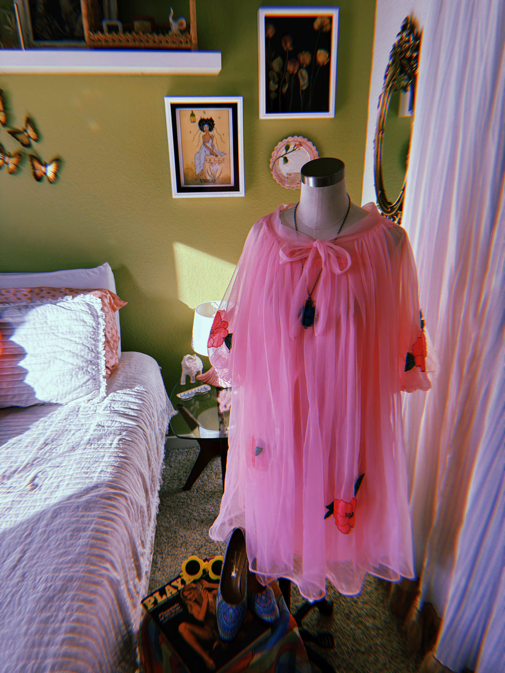 60s Pink Dayglo Nylon Hibiscus Flower Neglige & Peignoir Set