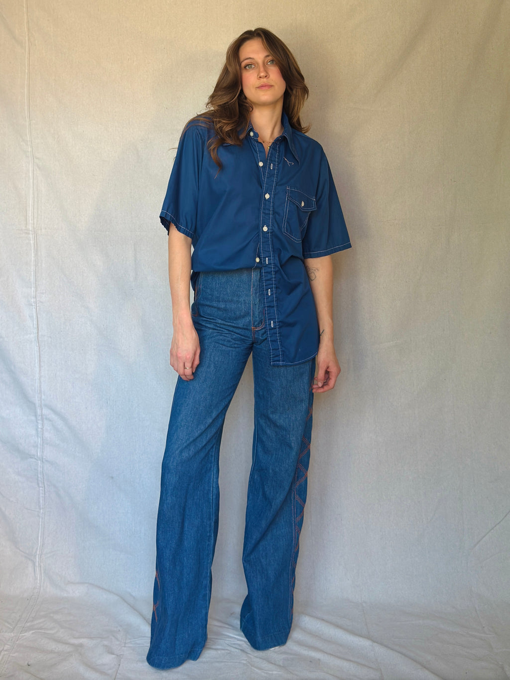 70s Blue Wing Collar Button Up