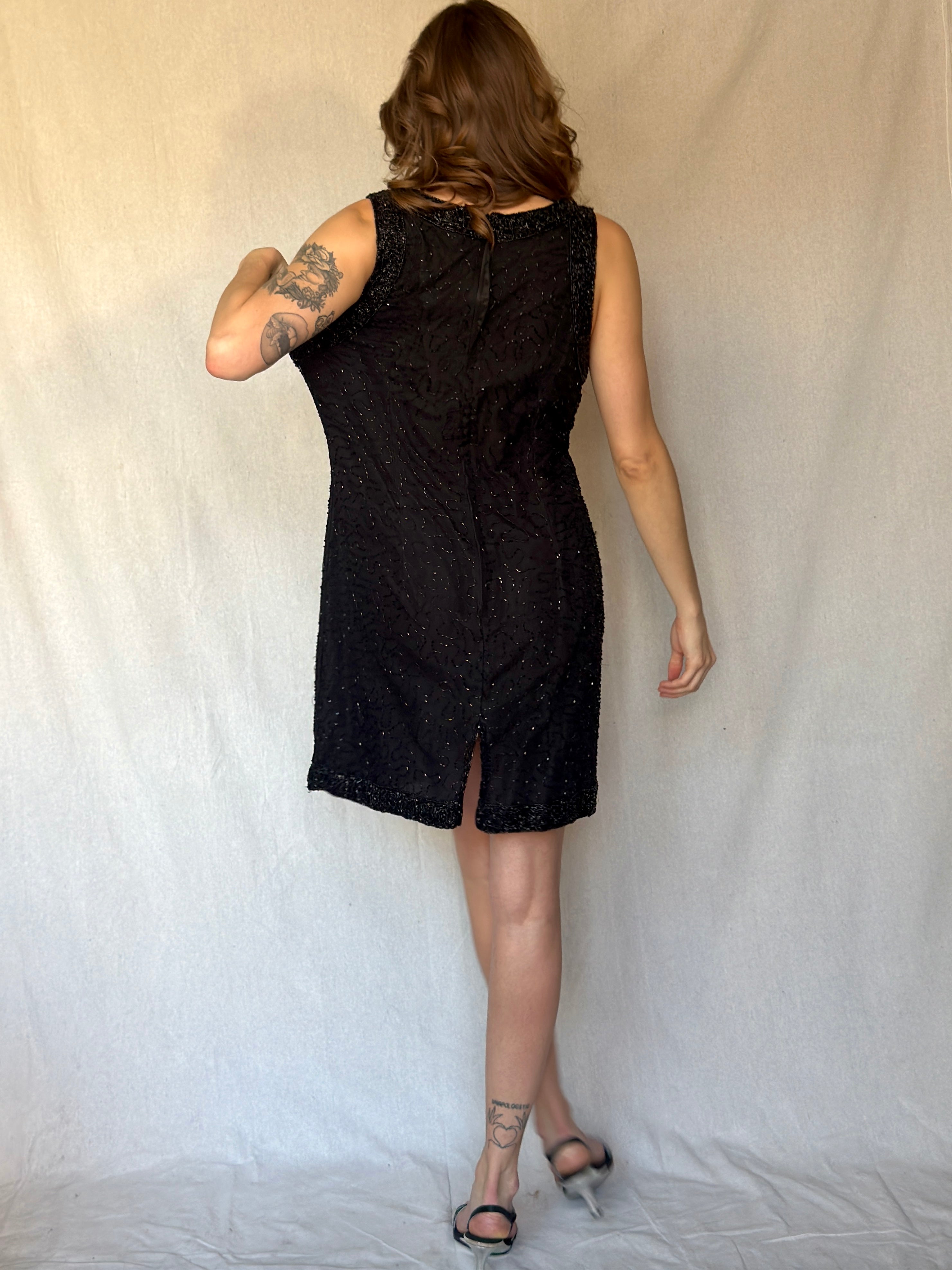 90s Black Beaded Silk Mini Cocktail Dress