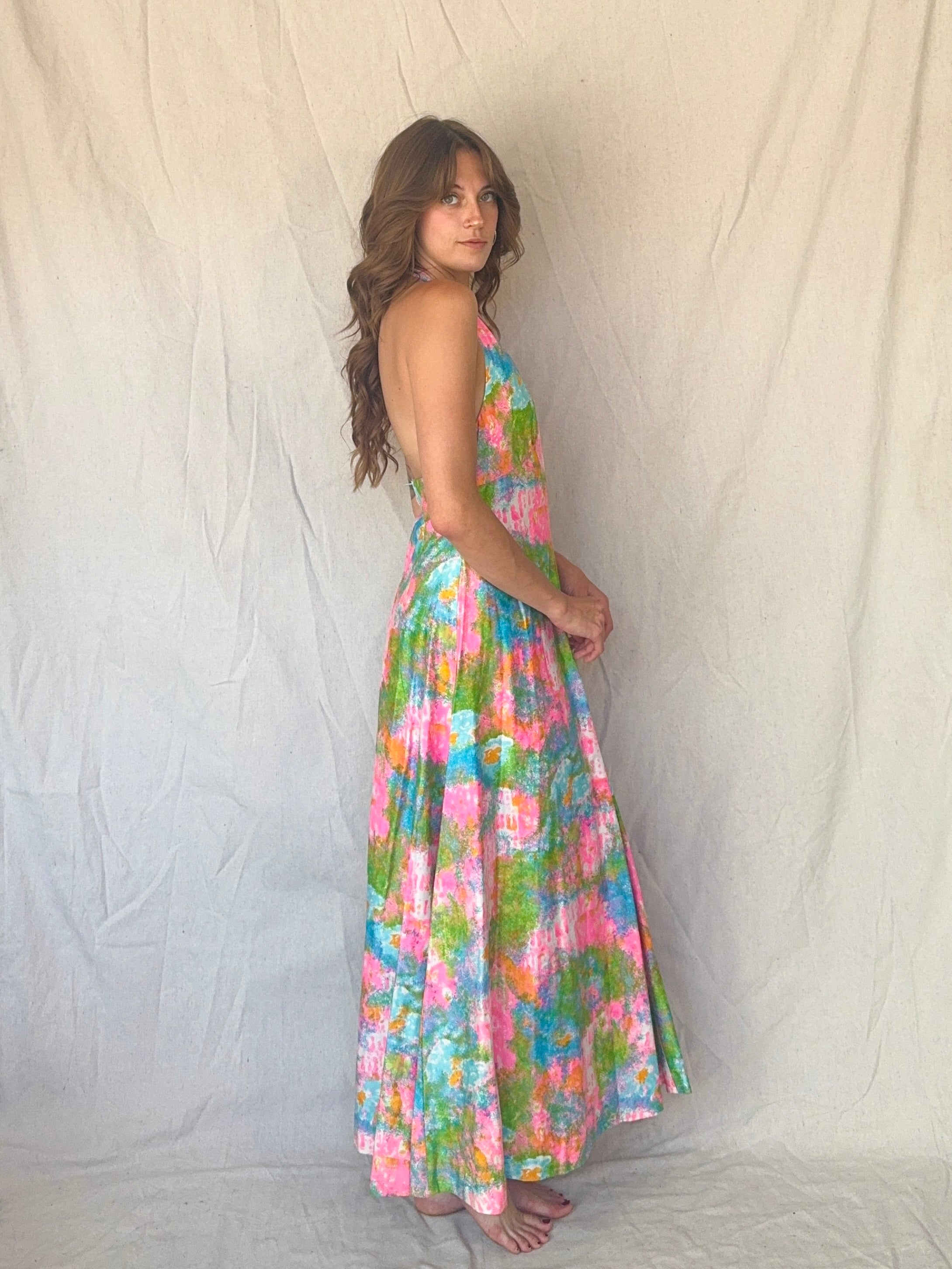60s Handmade Dayglo Halter Maxi Dress