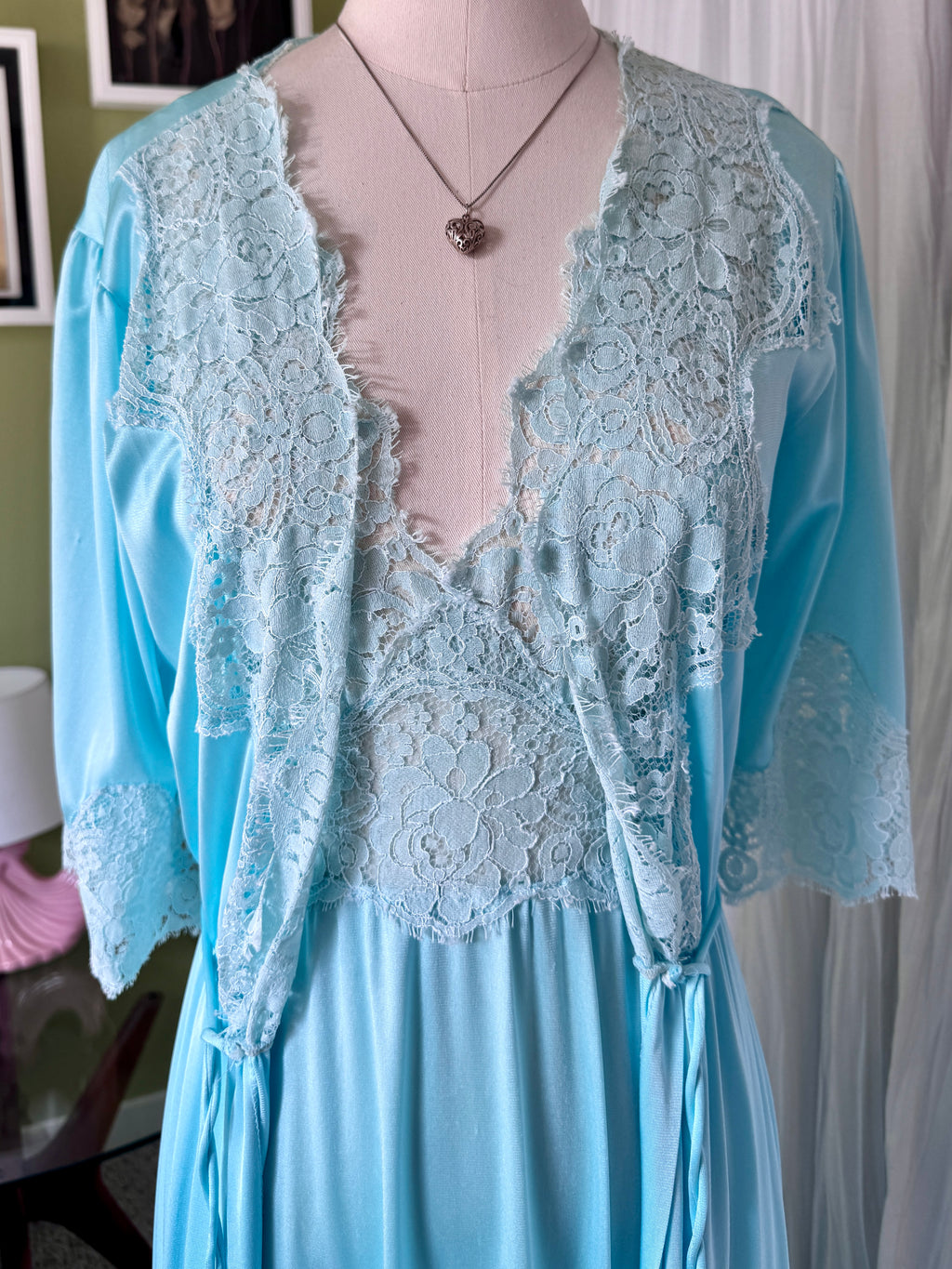 70s Turquoise Blue Nylon Neglige & Peignoir Set