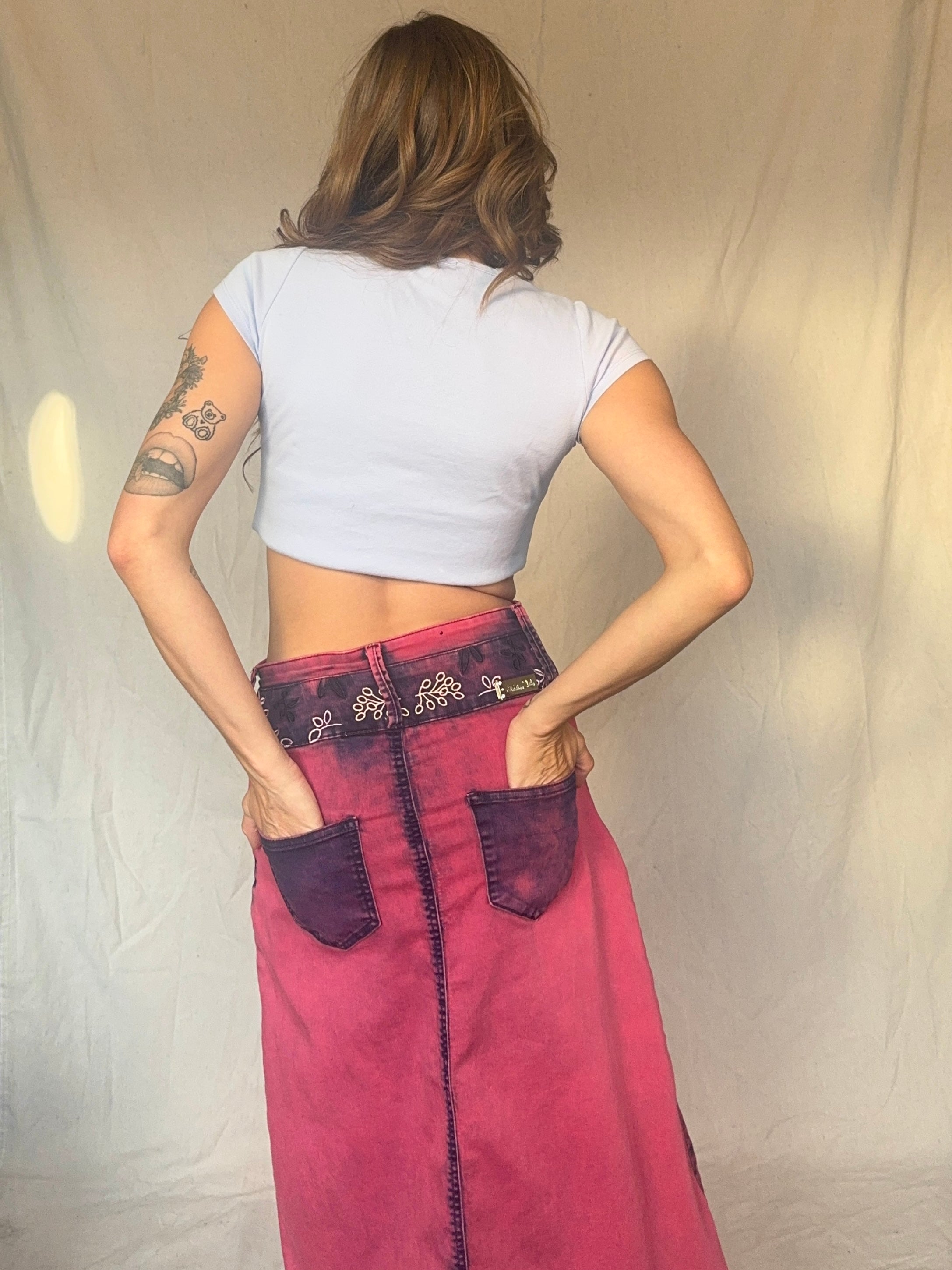 90s/Y2K Pink Whimsigoth Bleach Dye Embroidered Midi Skirt