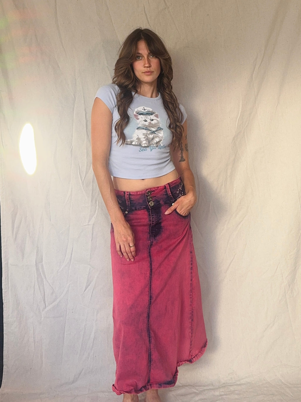 90s/Y2K Pink Whimsigoth Bleach Dye Embroidered Midi Skirt