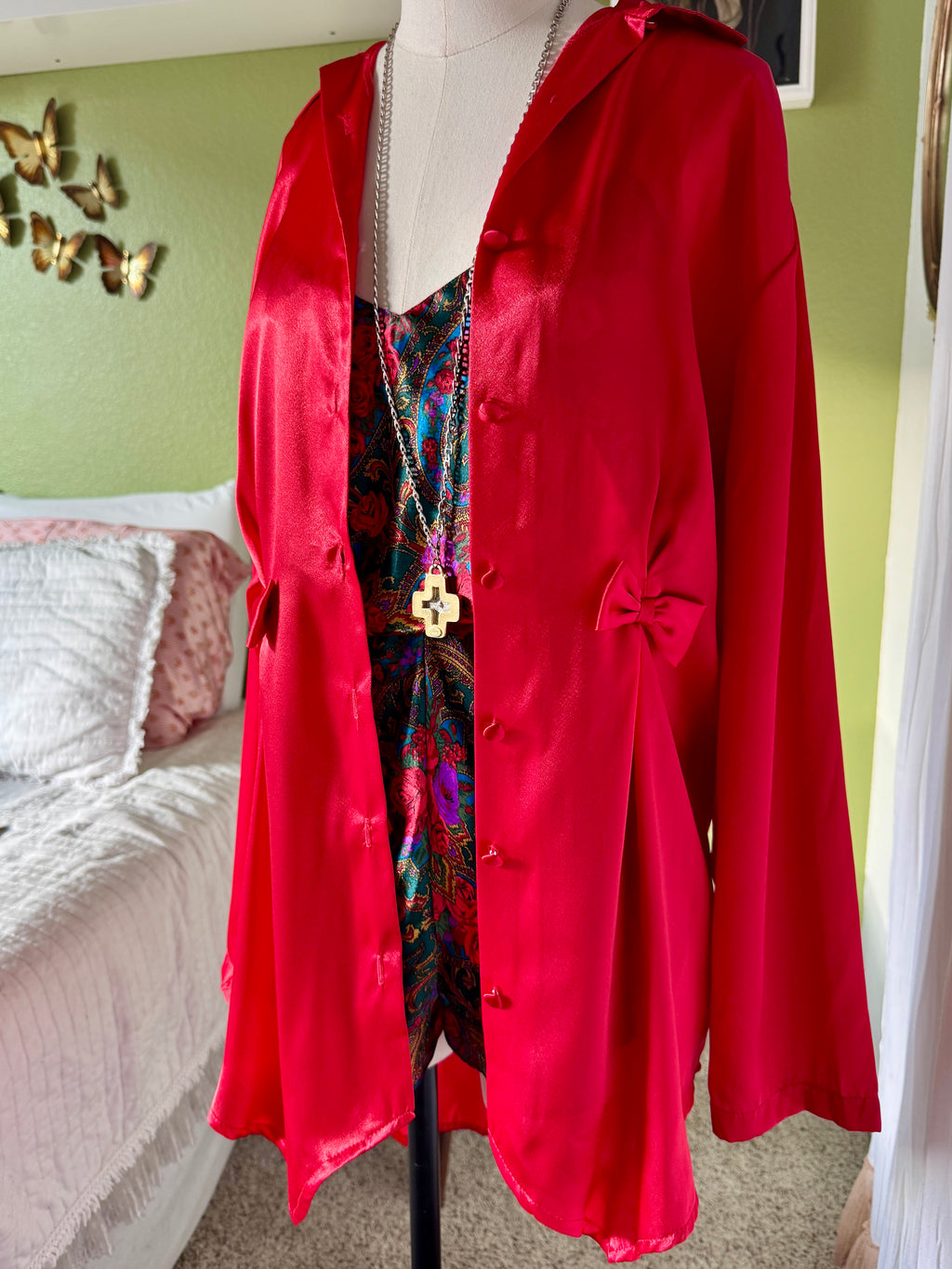 80s Red Satin Bow Button Up