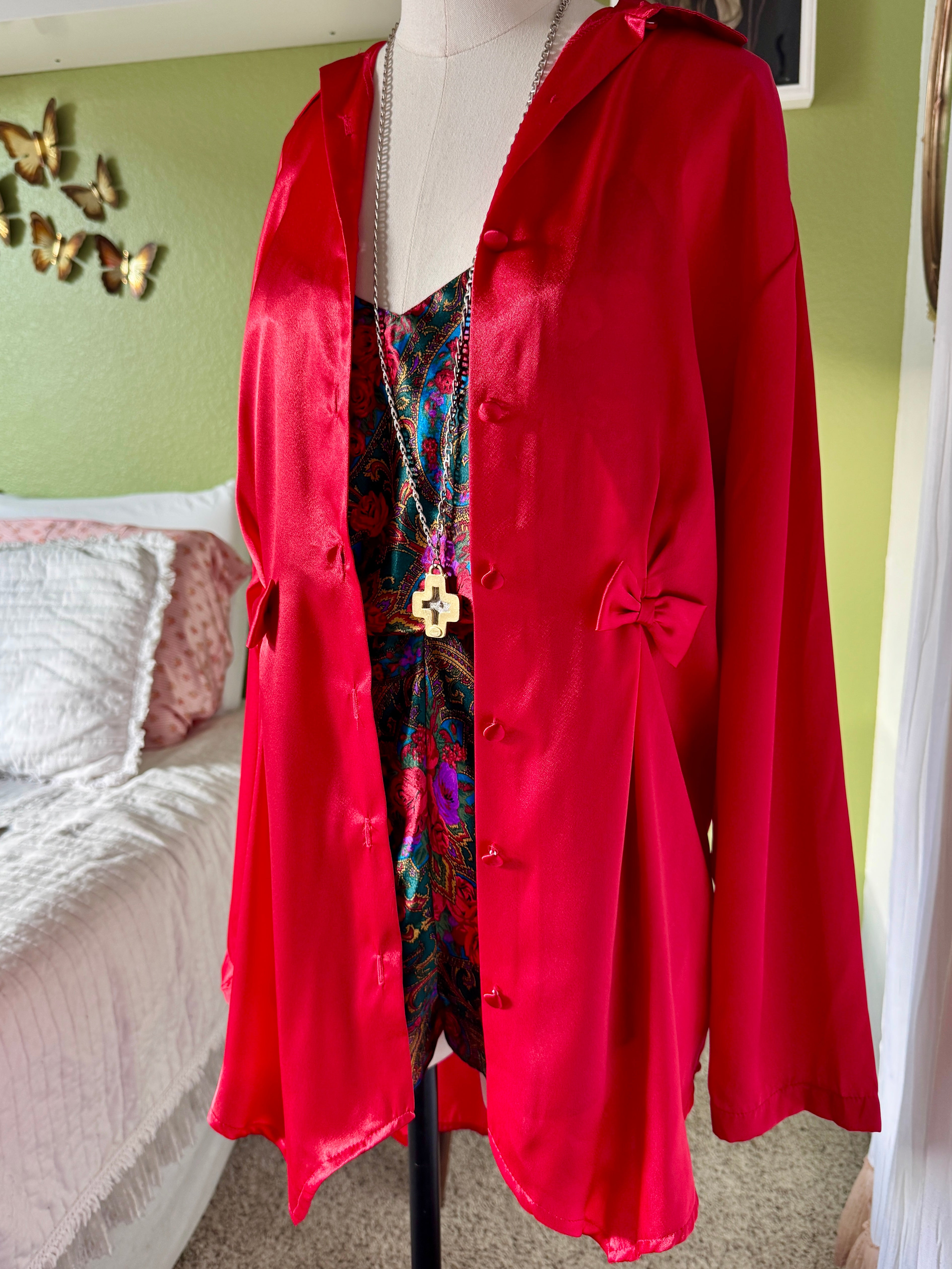 80s Red Satin Bow Button Up