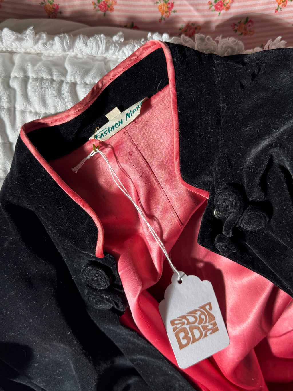 50s Black Velvet Pink Lined Smoking Jacket Duster Coat