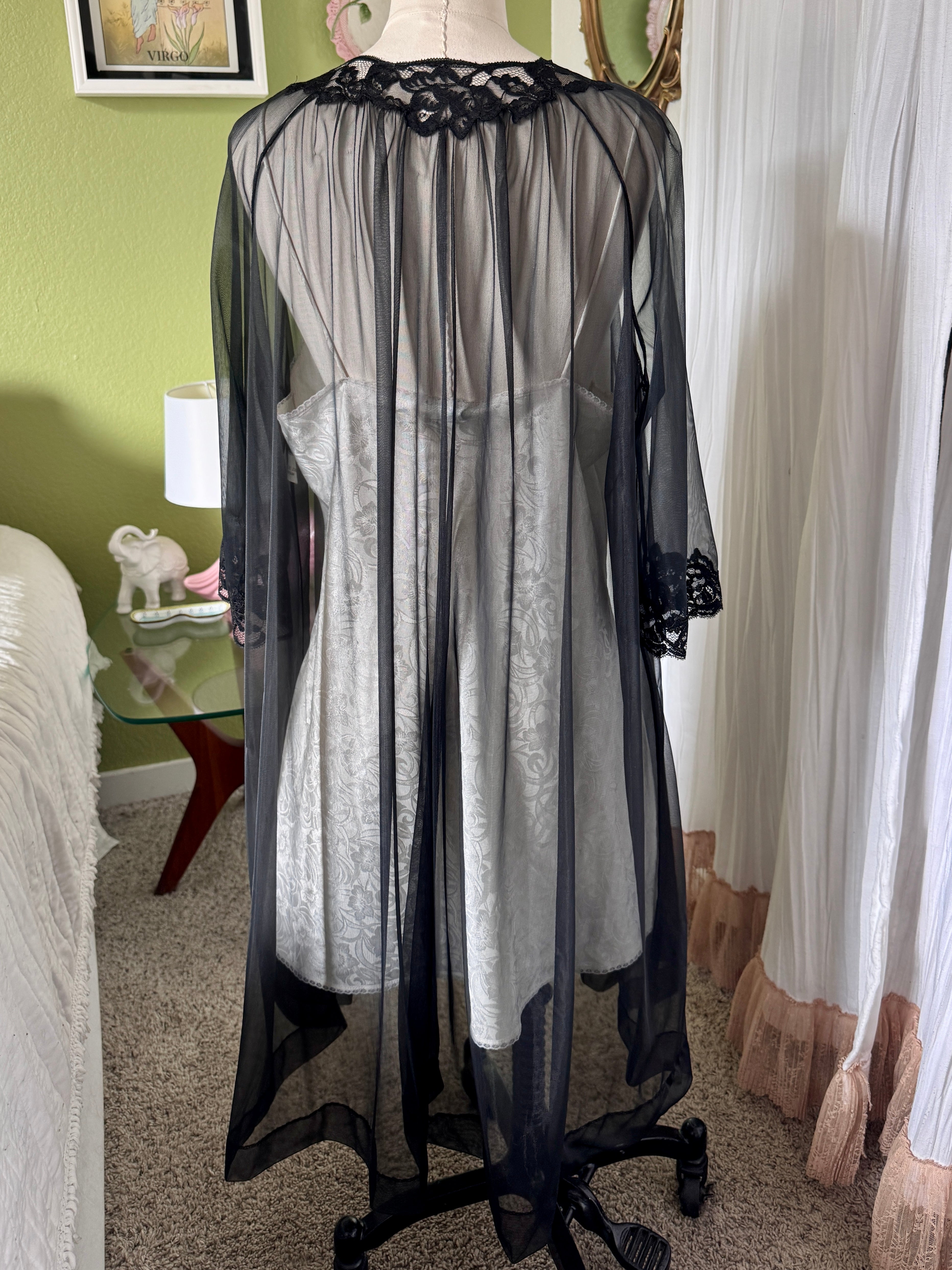 60s Sheer Black Nylon Negligee & Peignoir Set