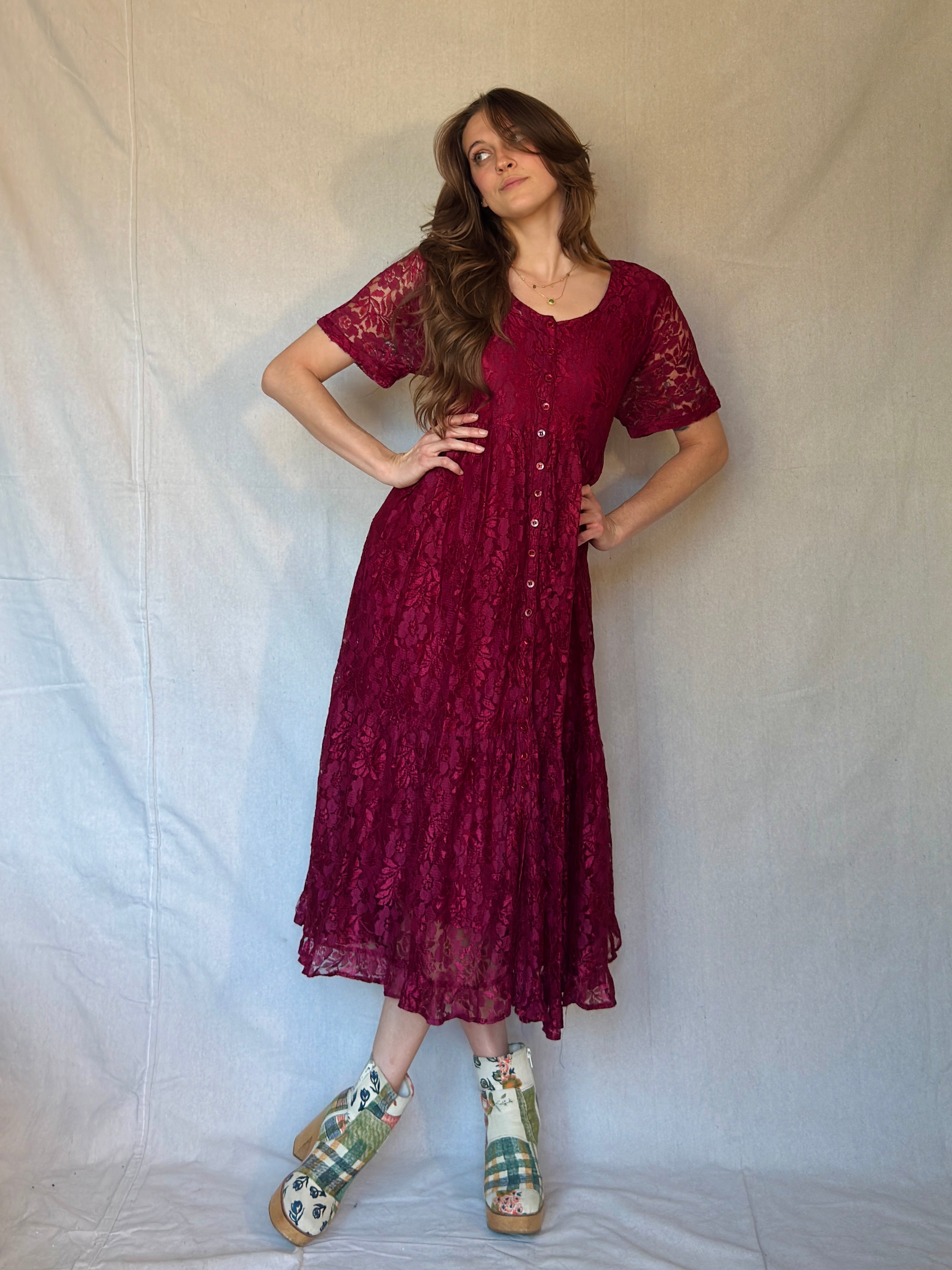 90s Maroon Lace Front Button Up Maxi Dress