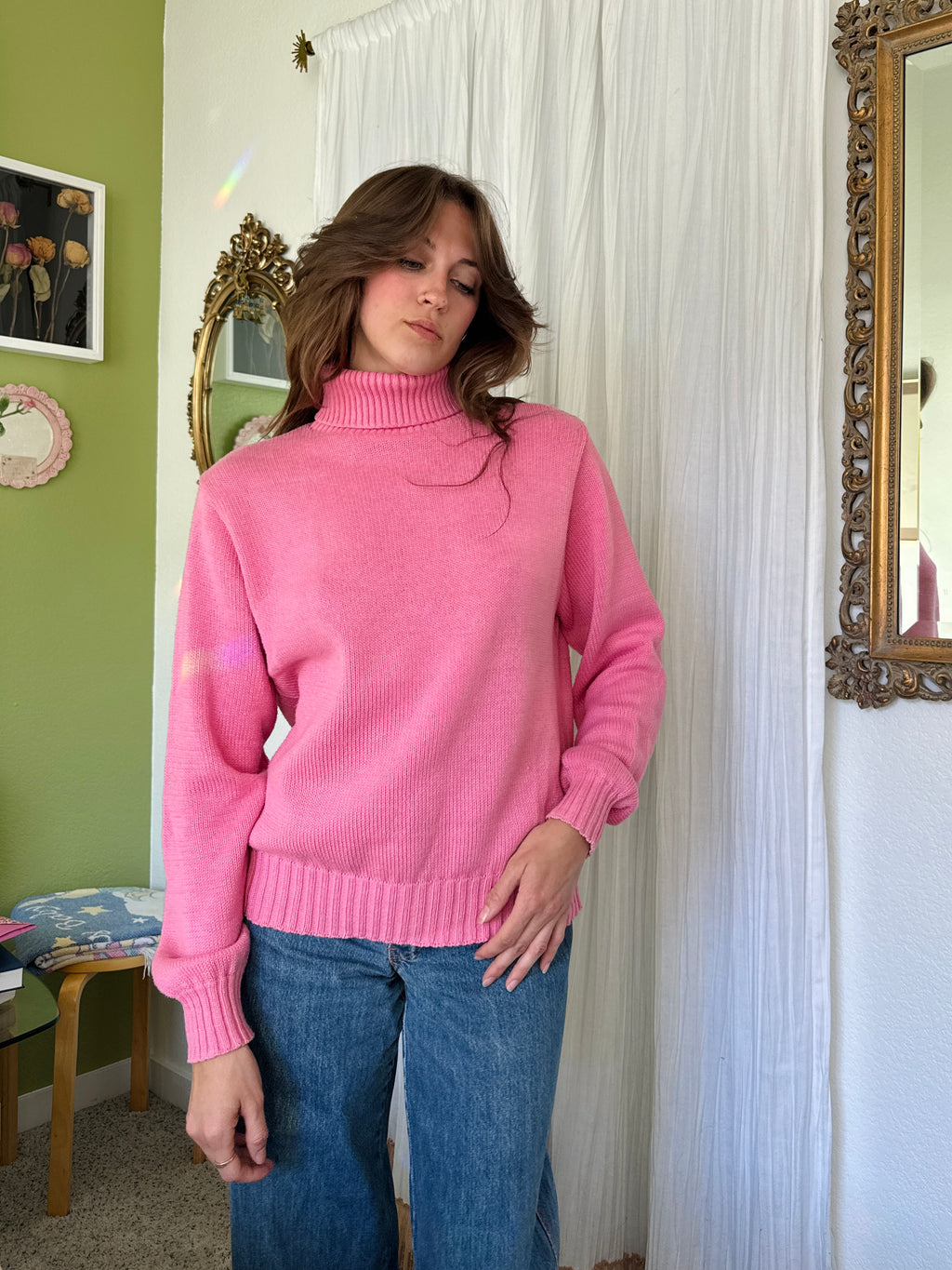 80s Barbie Pink Cotton Turtleneck Sweater
