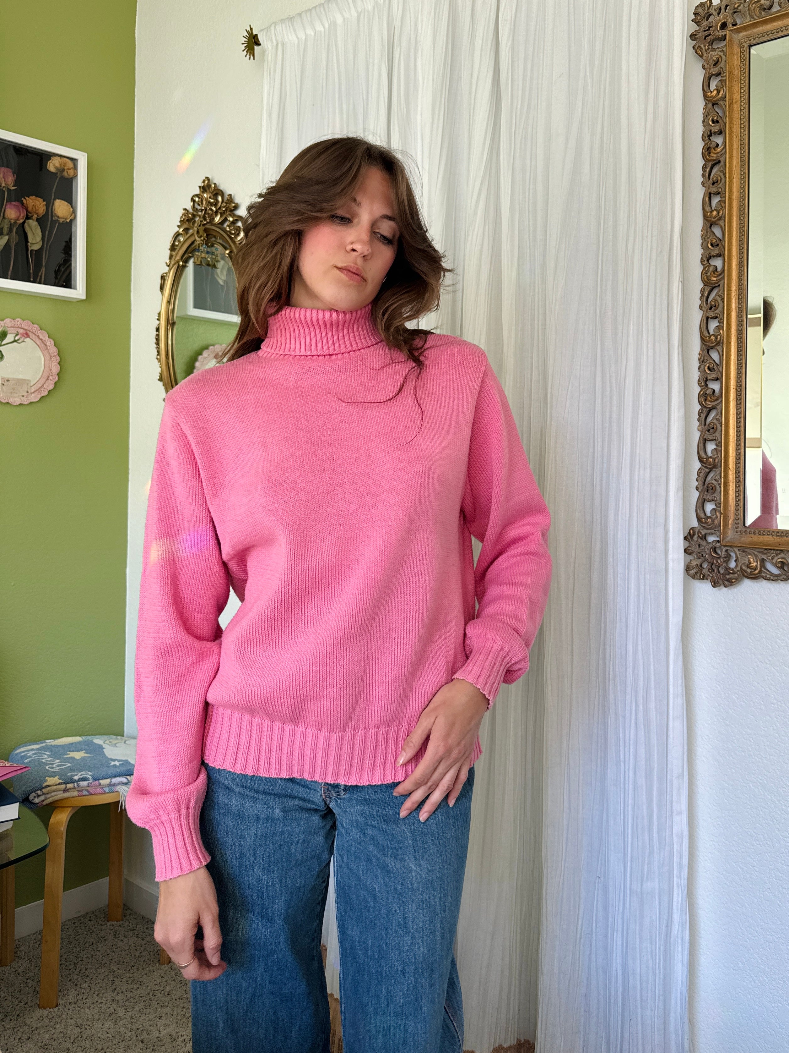80s Barbie Pink Cotton Turtleneck Sweater