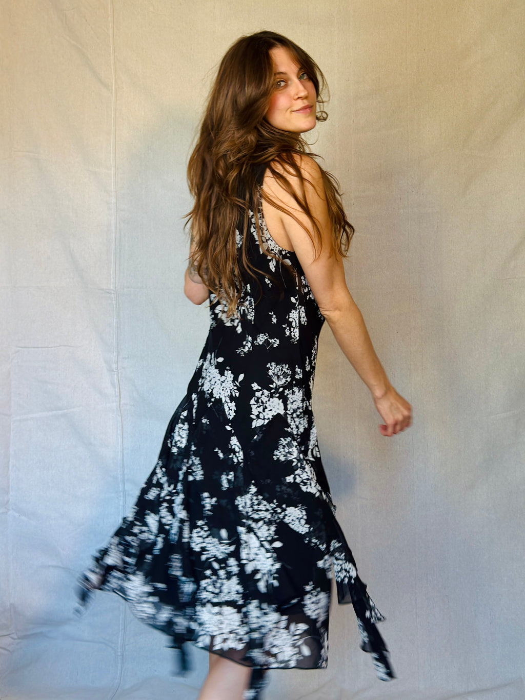Vintage Black & White Floral Ruffle Dress