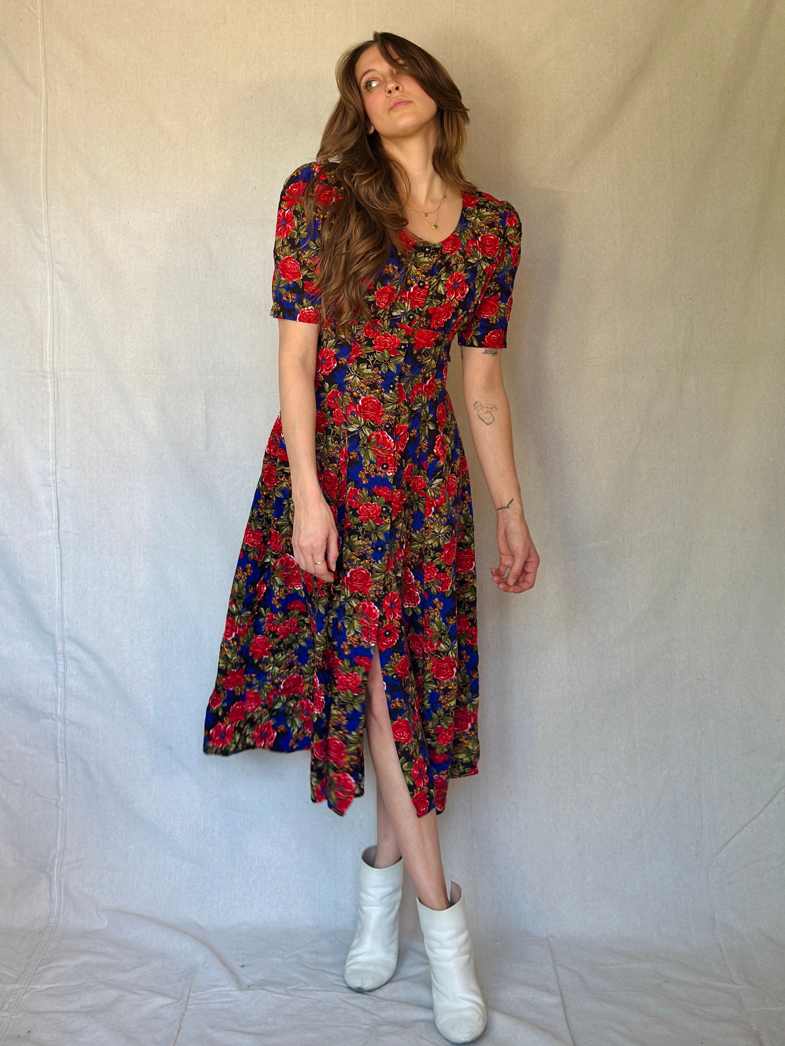80s Blue Floral Print Button Dress