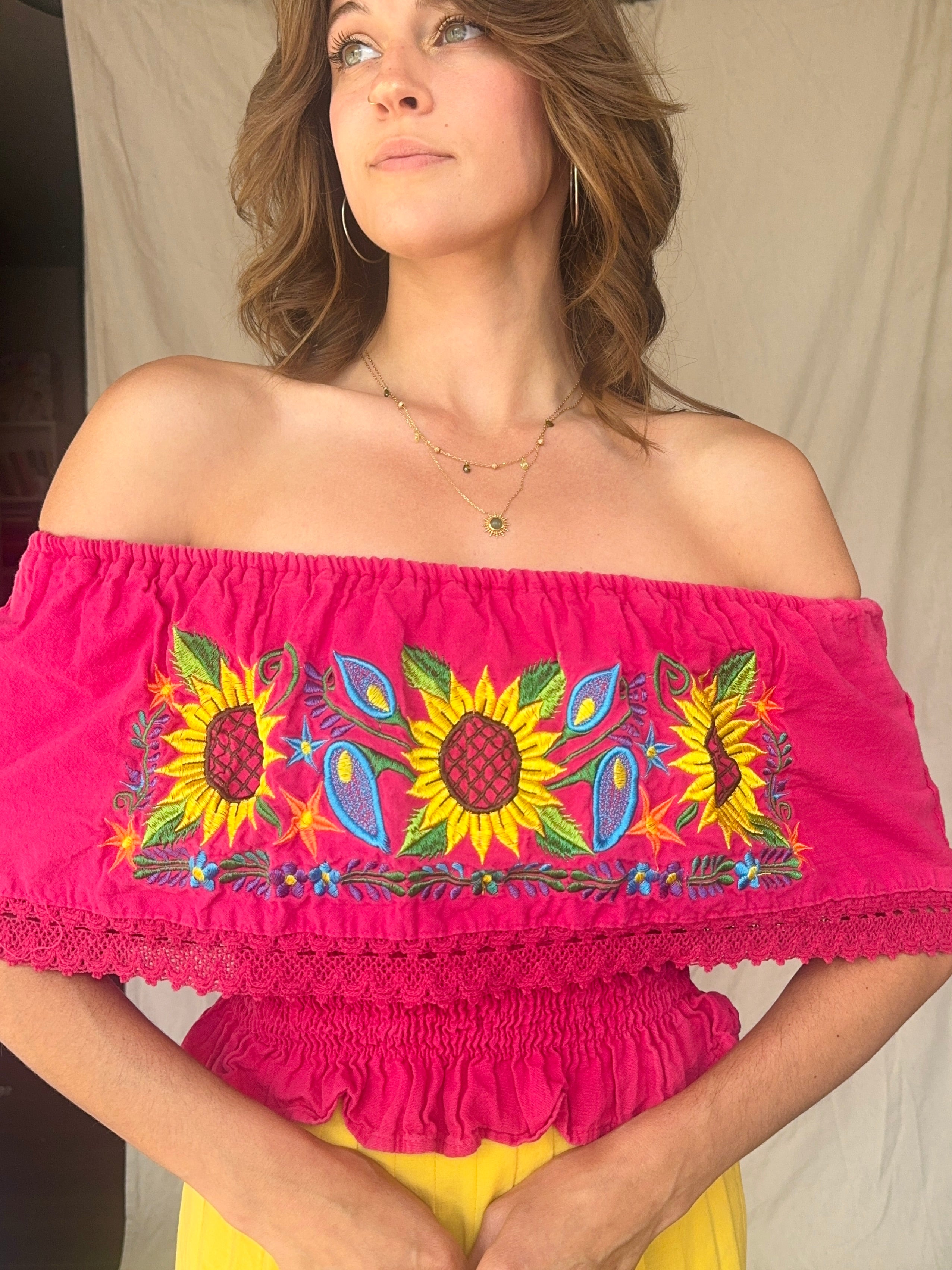 Vintage Hot Pink Off the Shoulder Embroidered Sunflower Oaxacan Summer Top