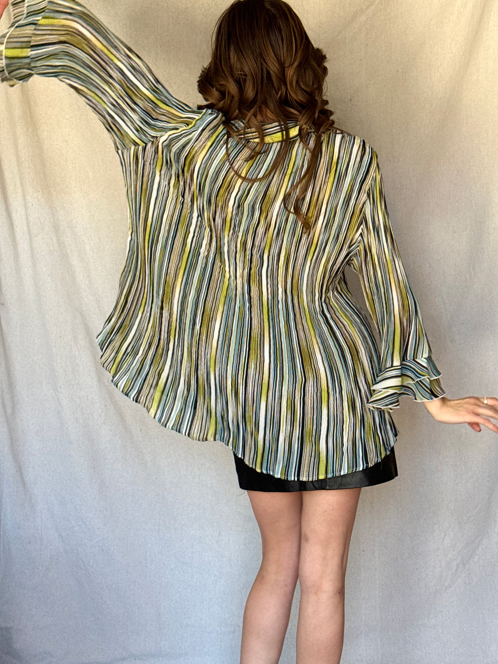 Y2K Striped Whimsy Crinkle Pleat Blouse