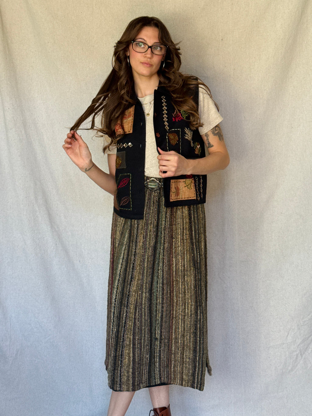 Vintage Dark Tweed Midi Skirt