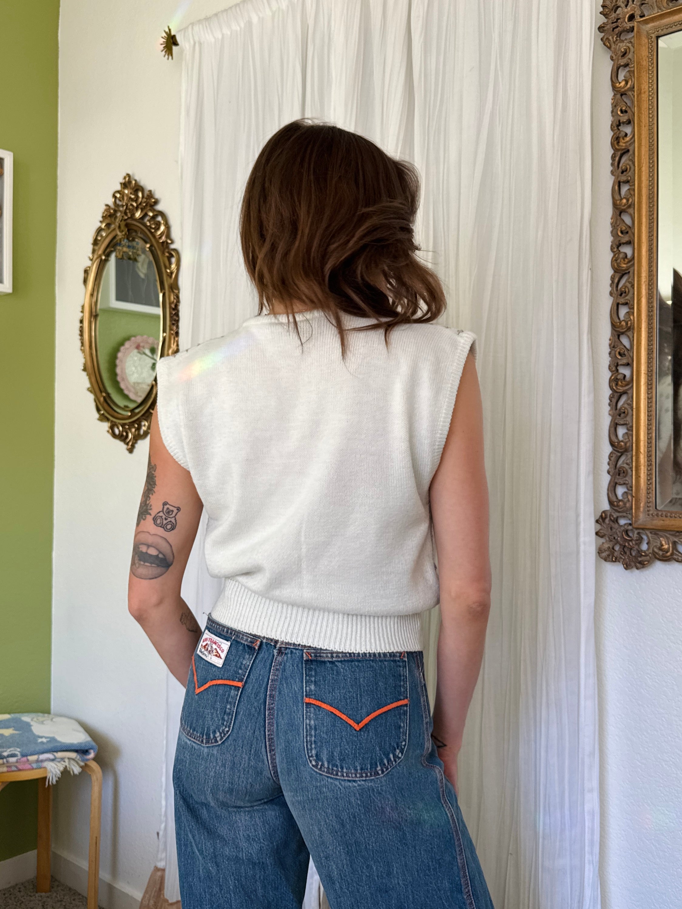 80s Cream Floral Knit Sweater Vest