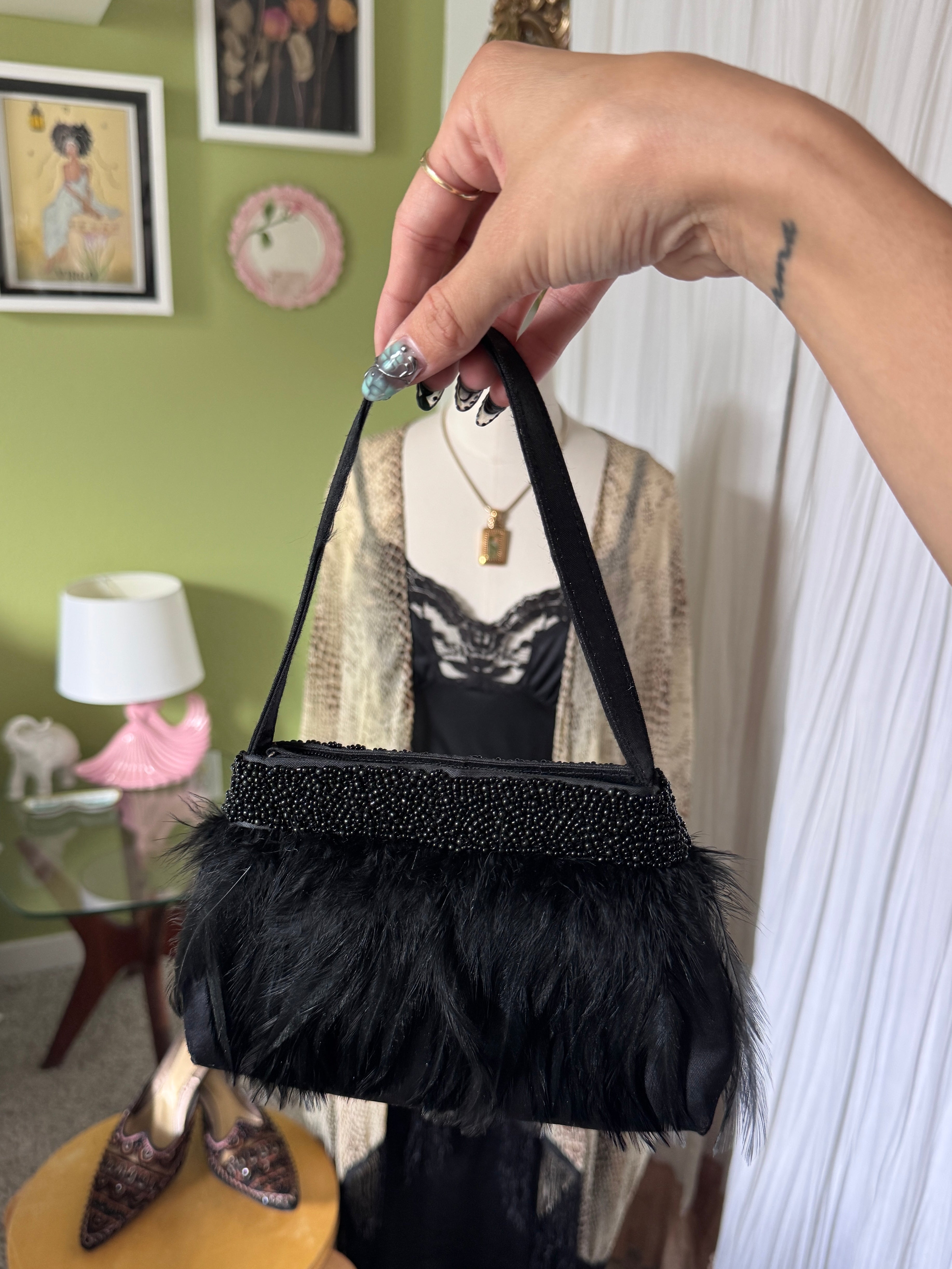 90s Black Beaded Feather Evening Handbag