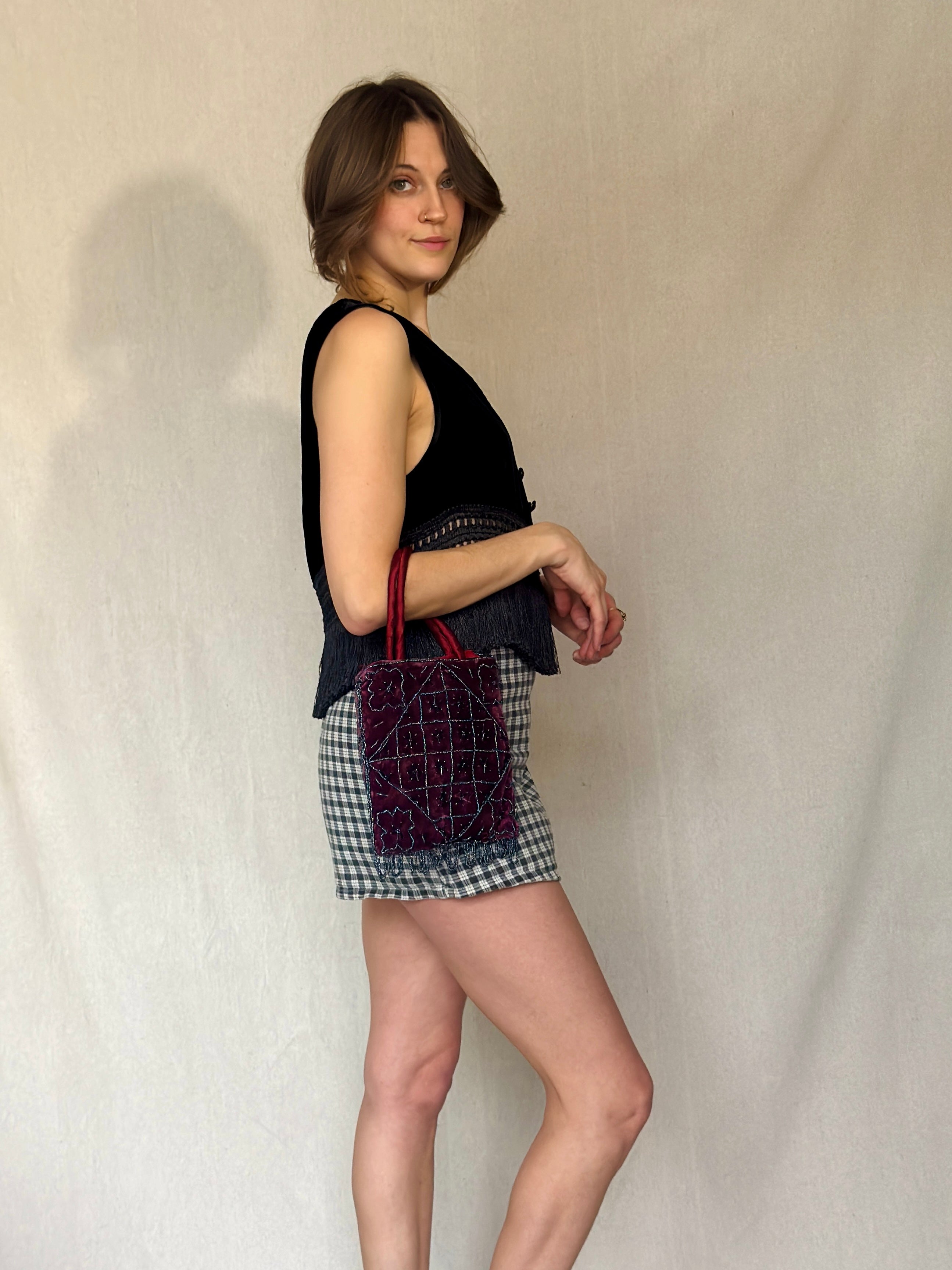 90s Black Velvet Fringe Vest Top