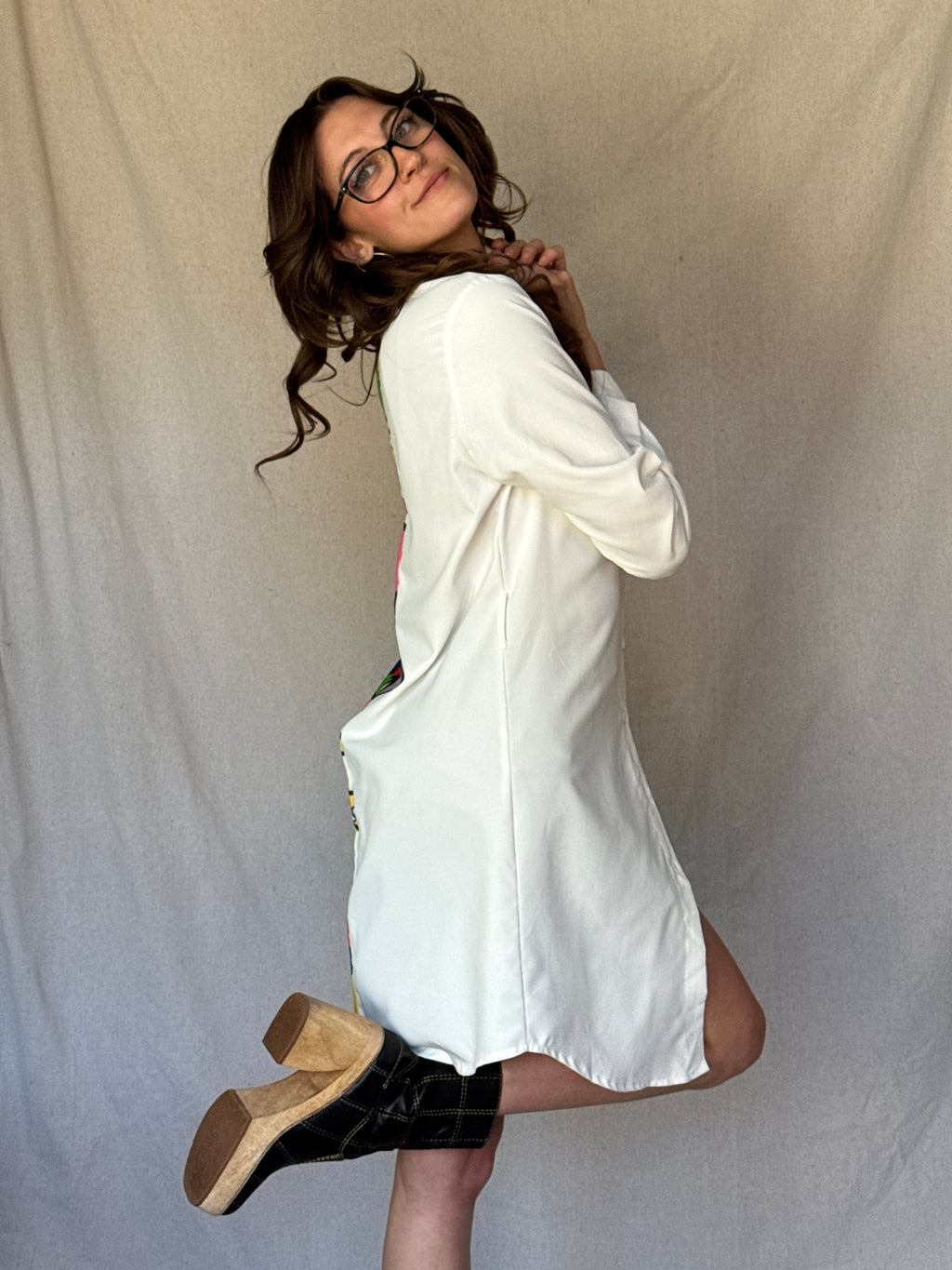 White Split Patterned Shirt Dress (Modern)