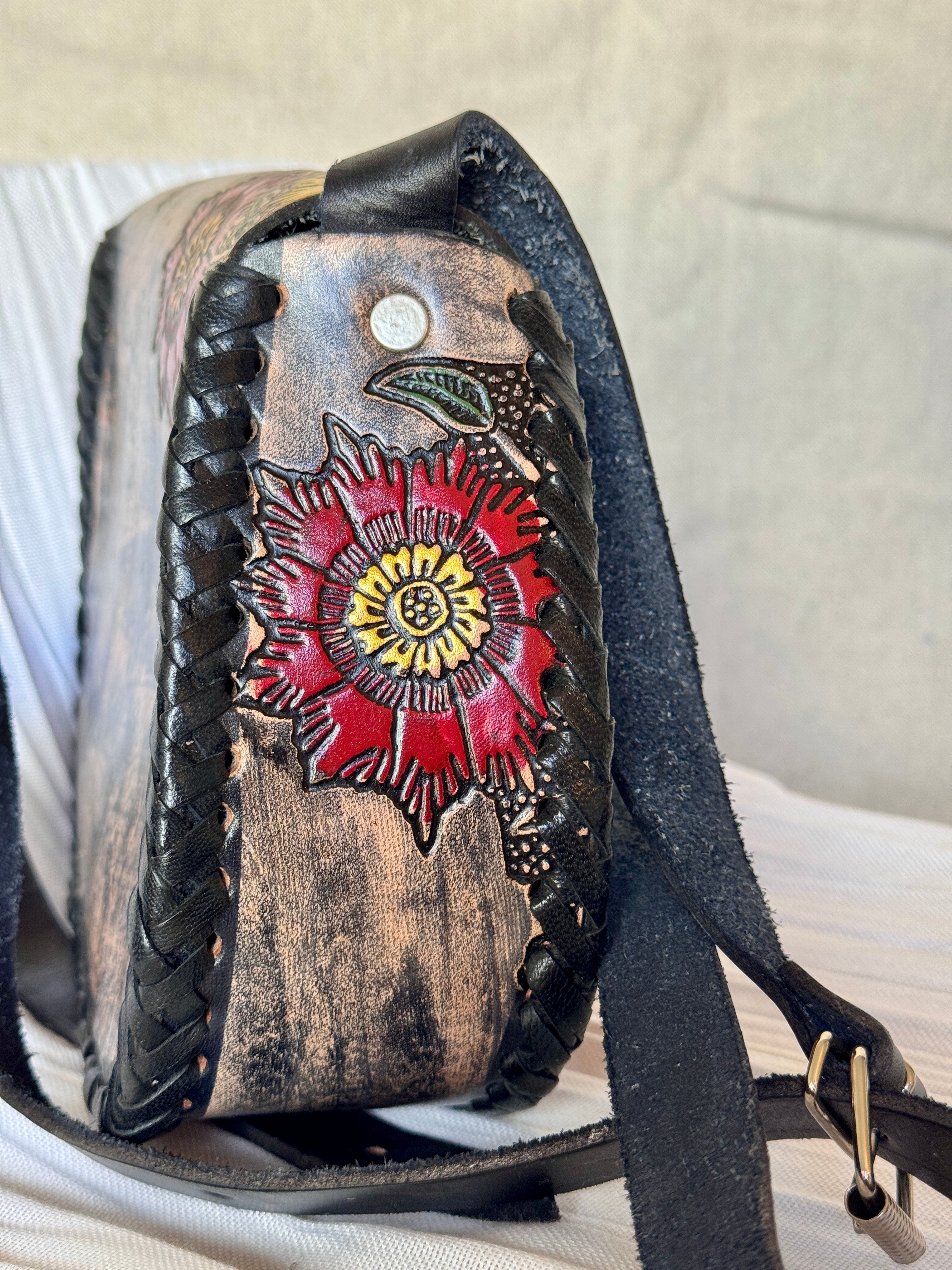 Black Leather Hand Tooled and Painted Peacock Flower Crossbody Bag