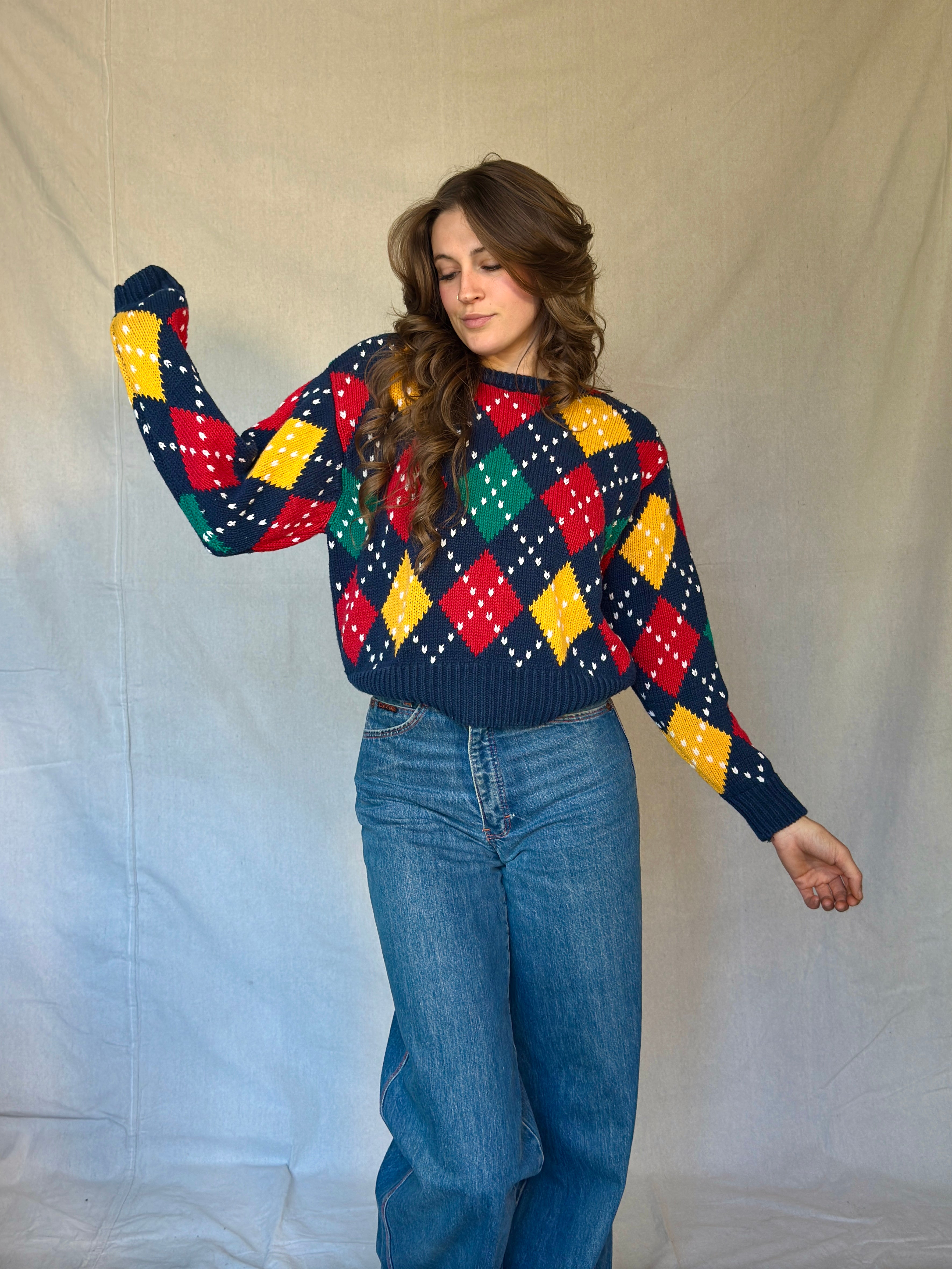 80s Chunky Blue Argyle Sweater