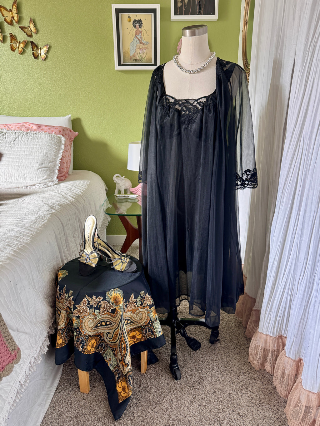60s Sheer Black Nylon Negligee & Peignoir Set