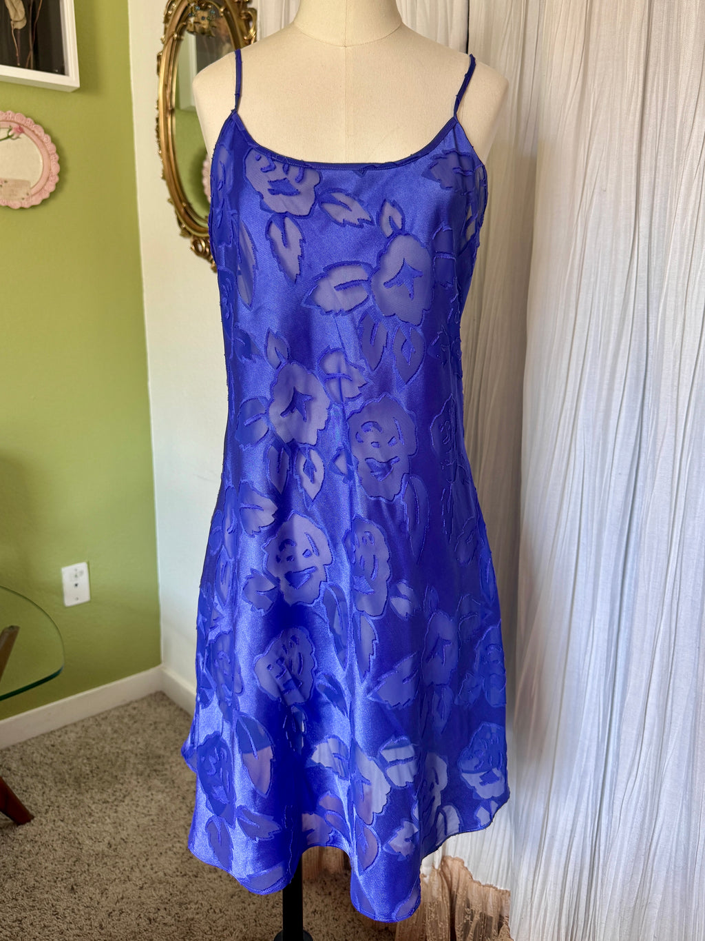 80s Indigo Blue Sheer Floral Pattern Satin Slip Dress