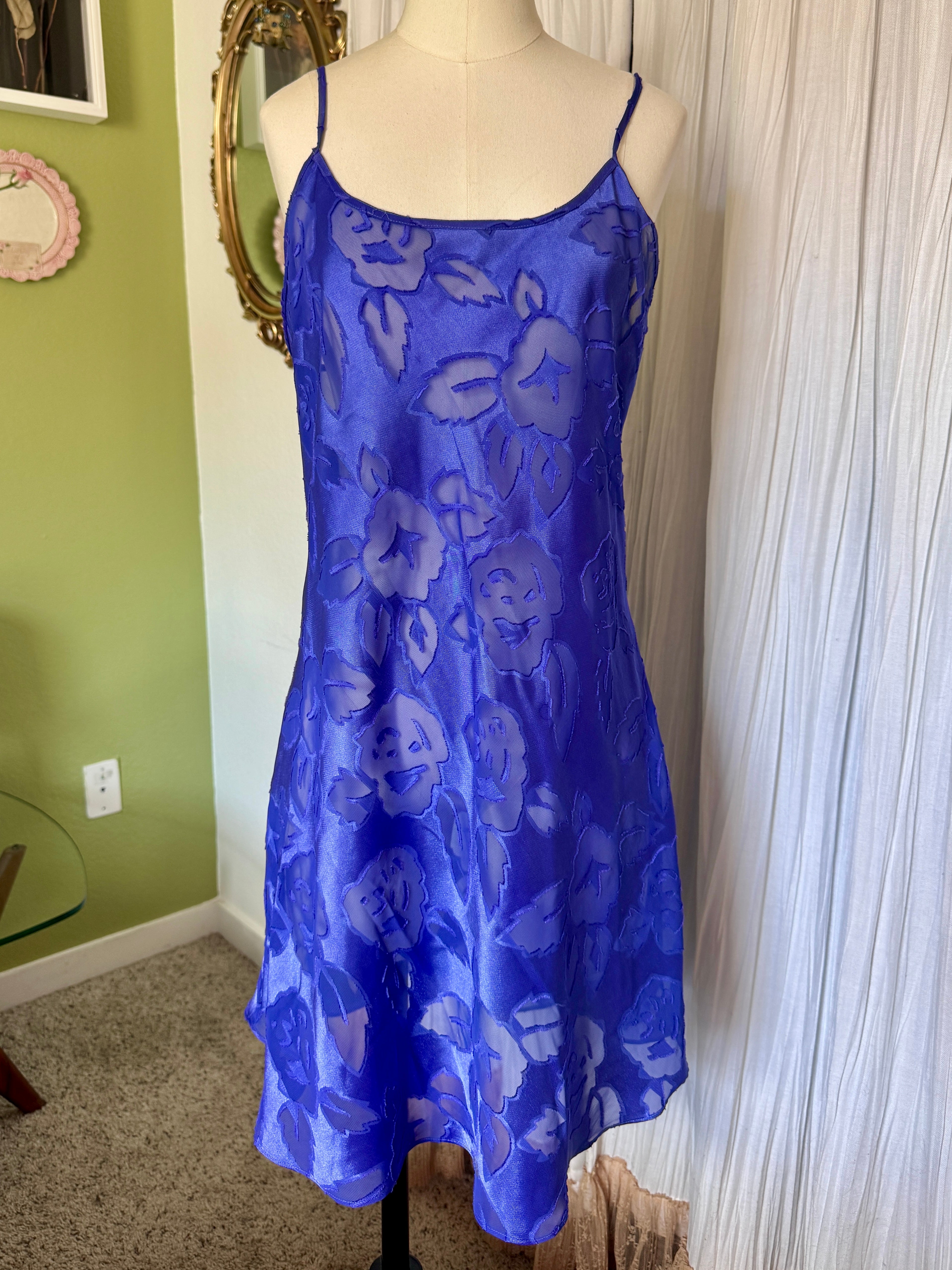 80s Indigo Blue Sheer Floral Pattern Satin Slip Dress
