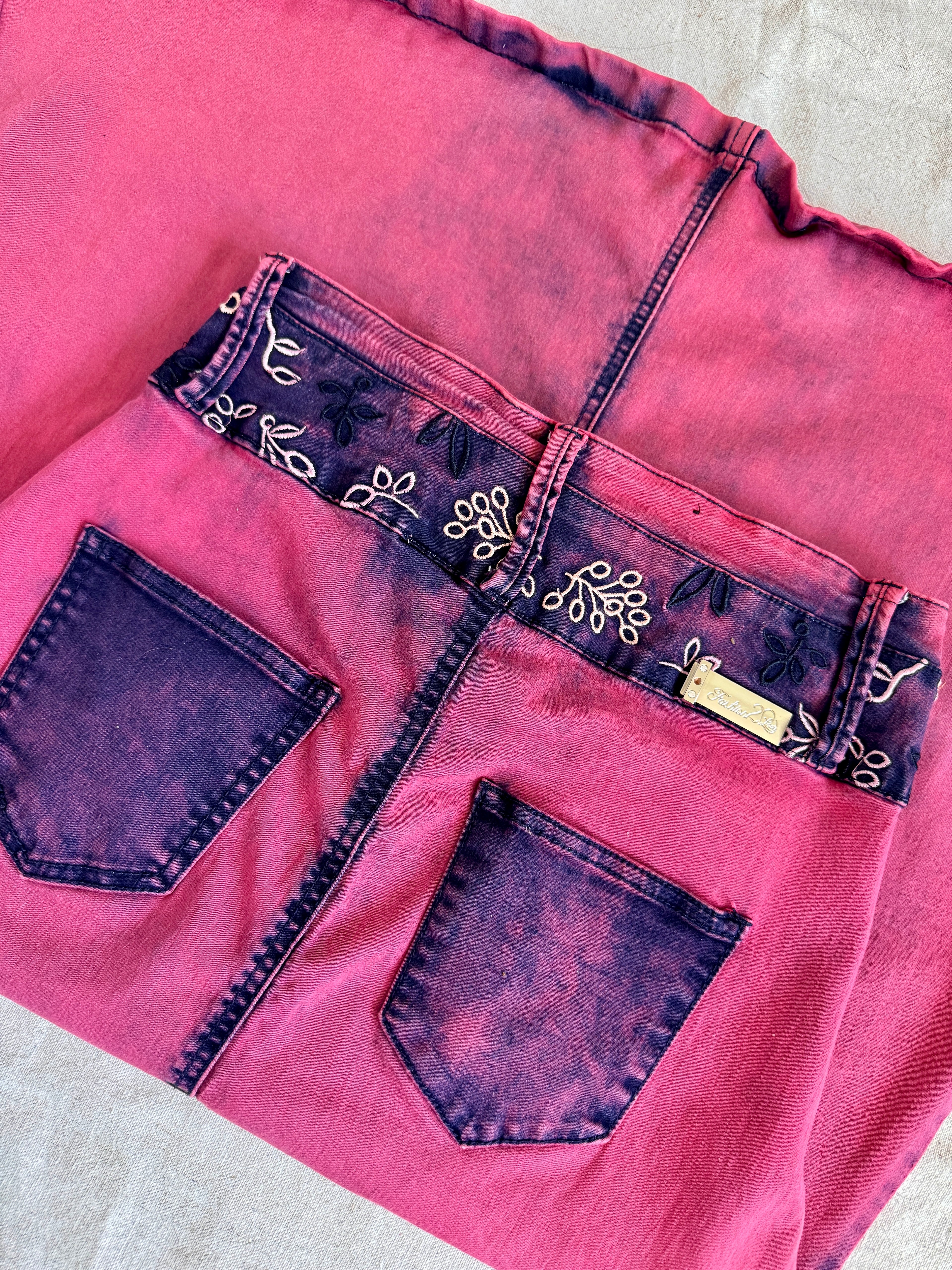 90s/Y2K Pink Whimsigoth Bleach Dye Embroidered Midi Skirt