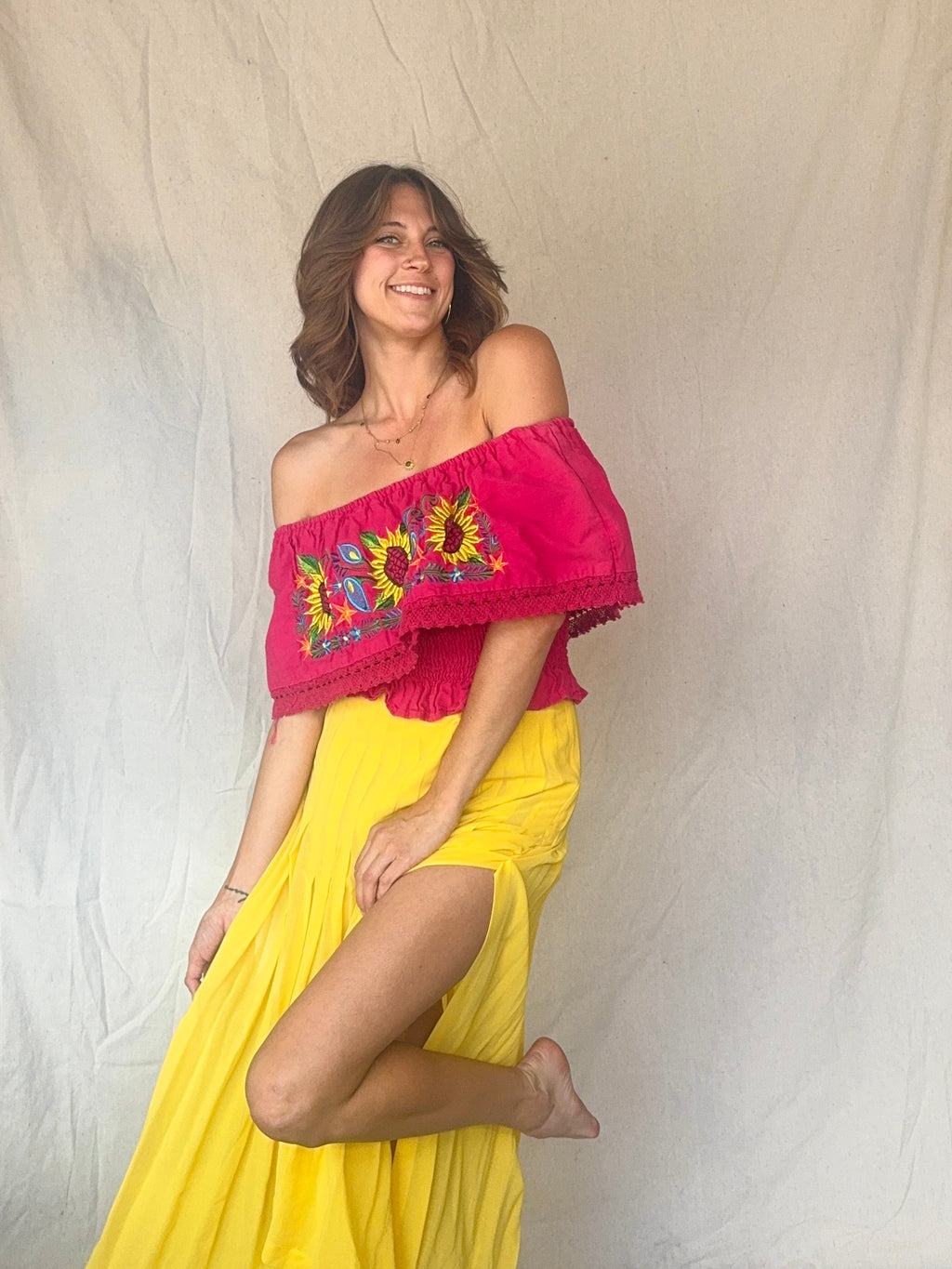 Vintage Hot Pink Off the Shoulder Embroidered Sunflower Oaxacan Summer Top