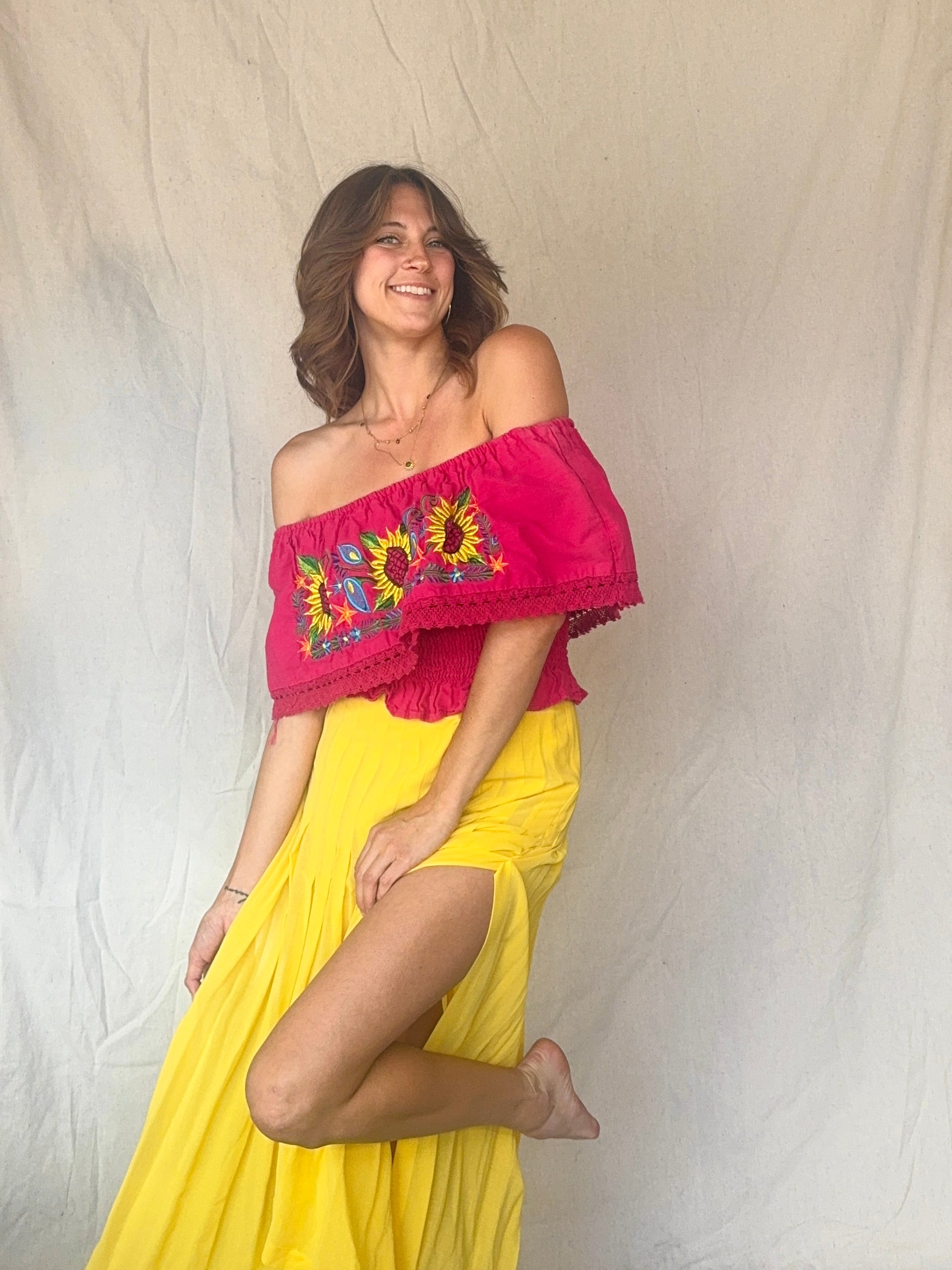 Vintage Hot Pink Off the Shoulder Embroidered Sunflower Oaxacan Summer Top