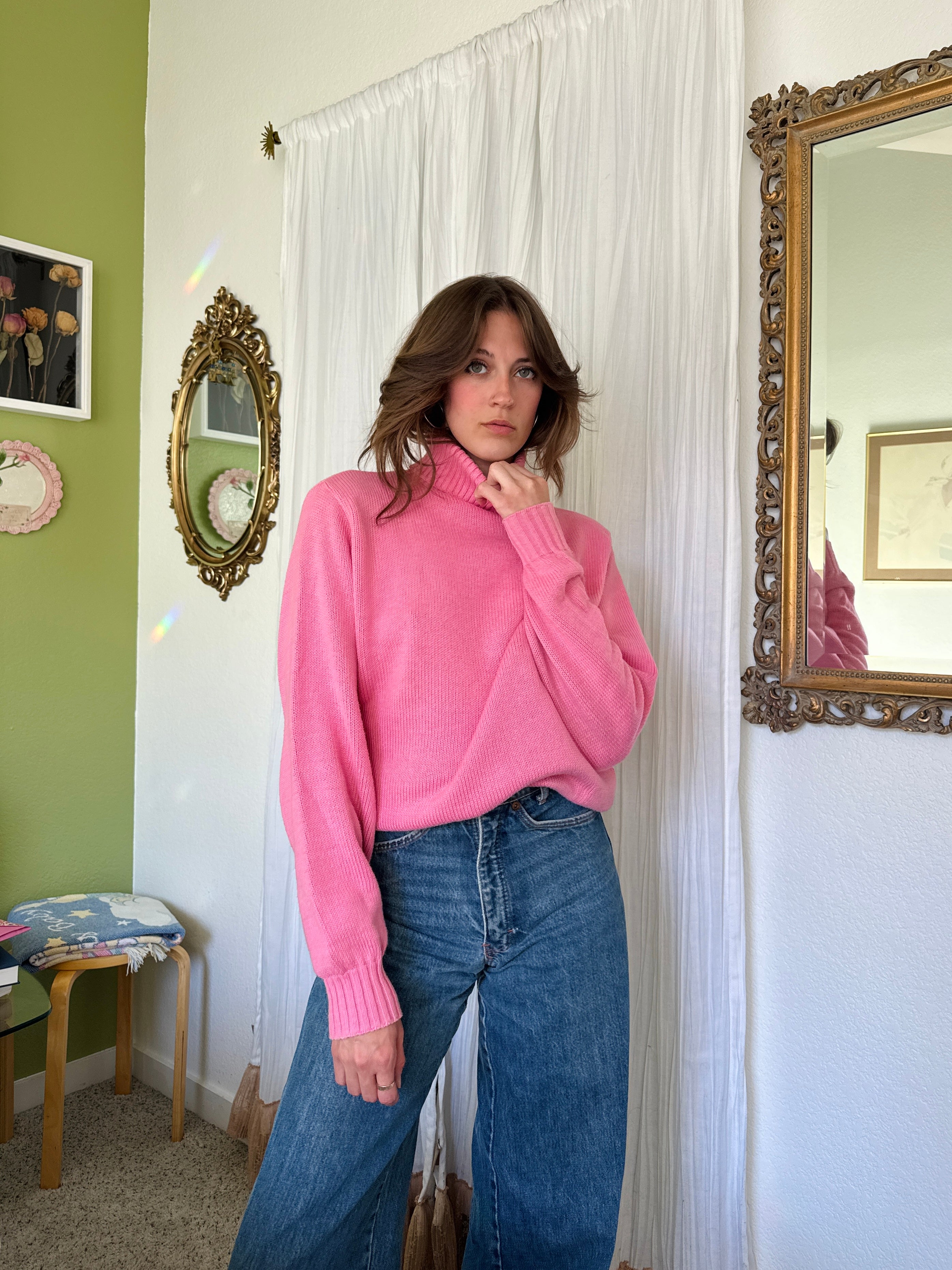 80s Barbie Pink Cotton Turtleneck Sweater