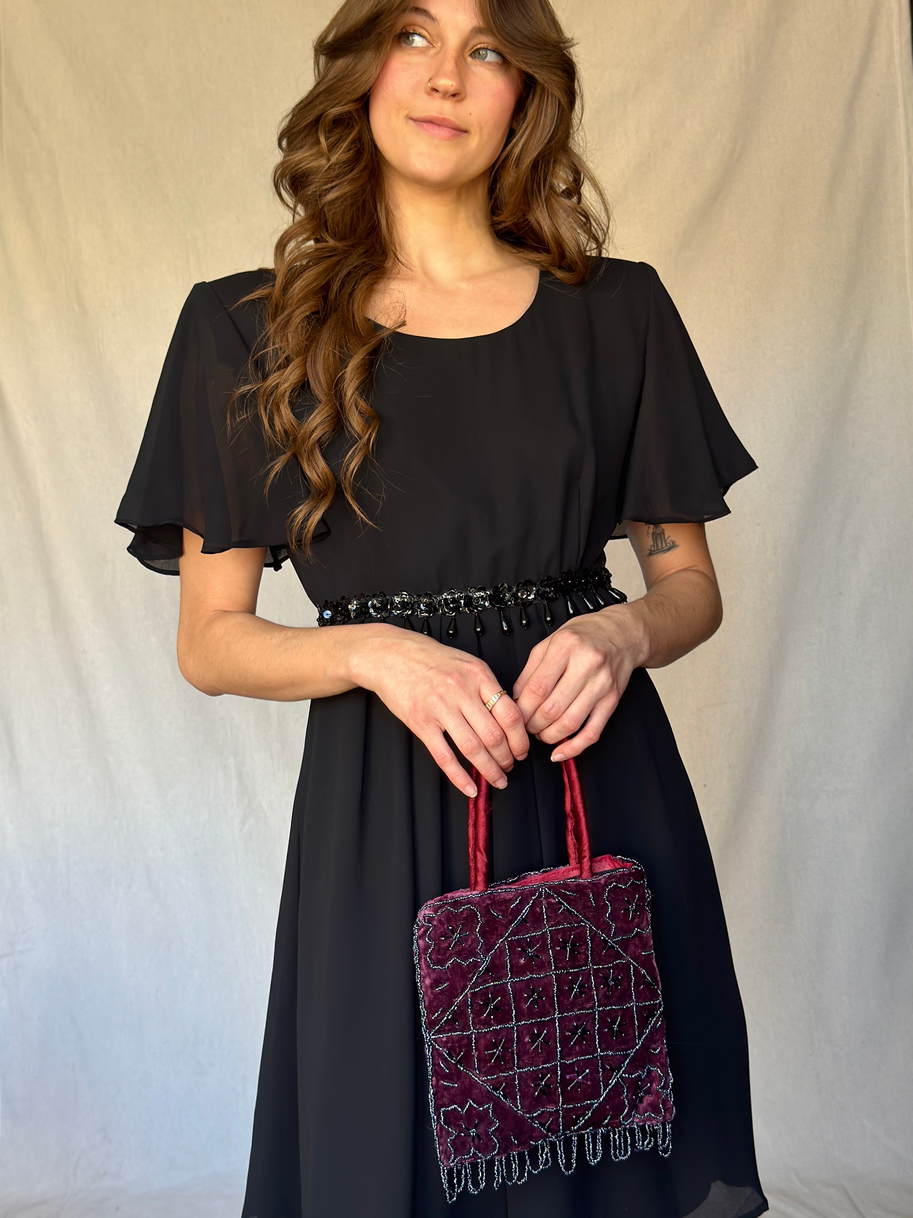 90s Mini Black Beaded Babydoll Dress