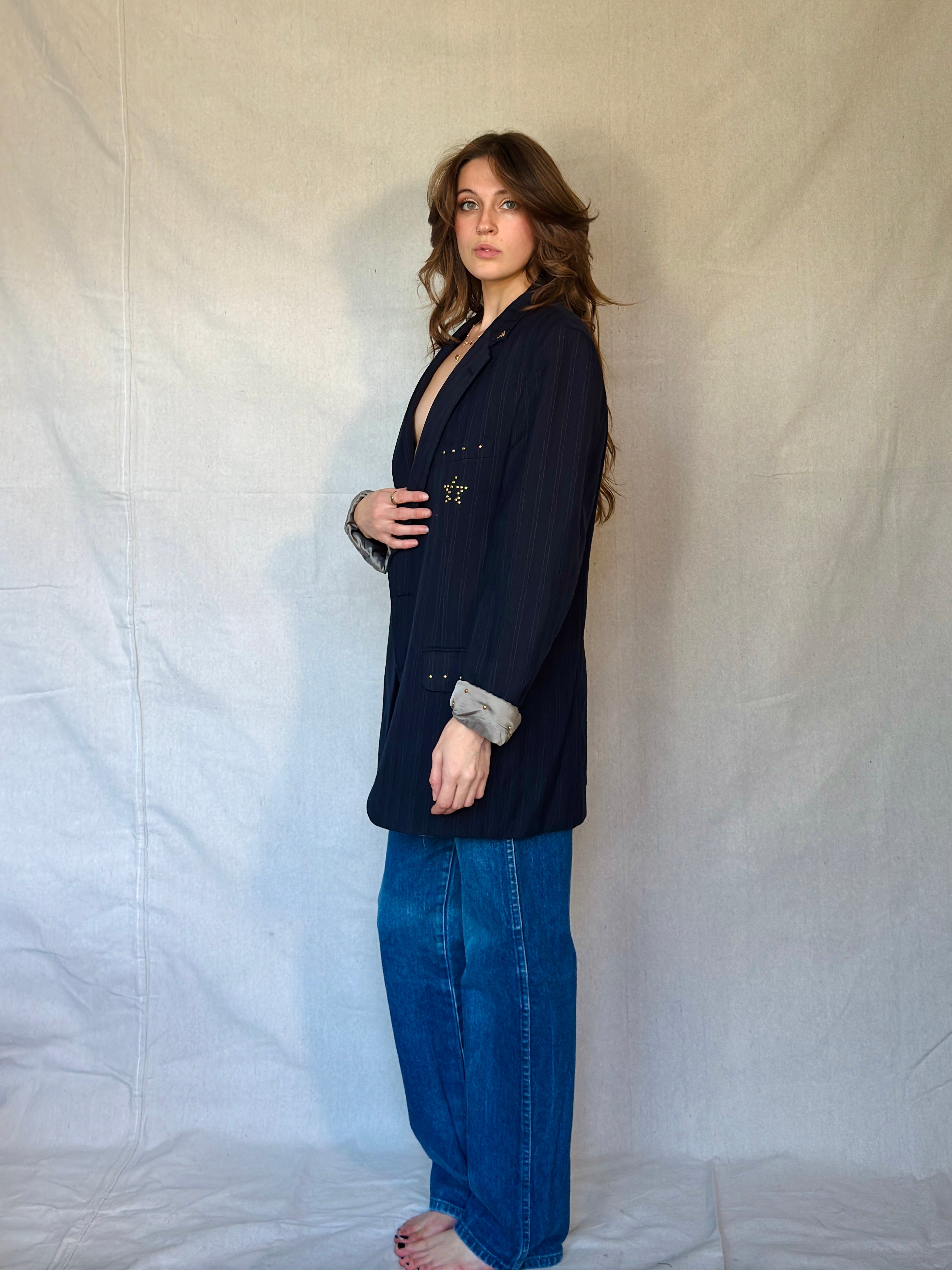 70s Star Studded Johnny Carson Navy Pinstripe Suit Jacket